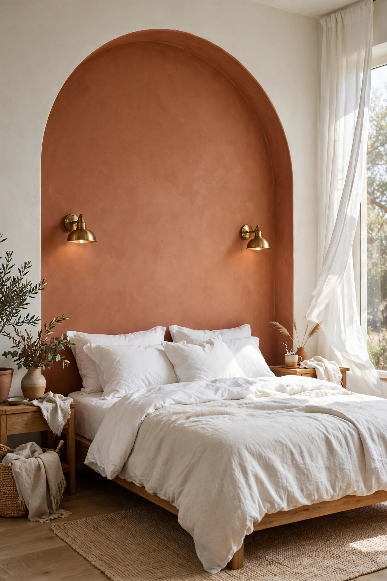 17 Art Deco Bedroom Ideas With a Modern Twist 4 A bedroom wall with a large painted arch in warm clay framing the bed and two brass sconces.