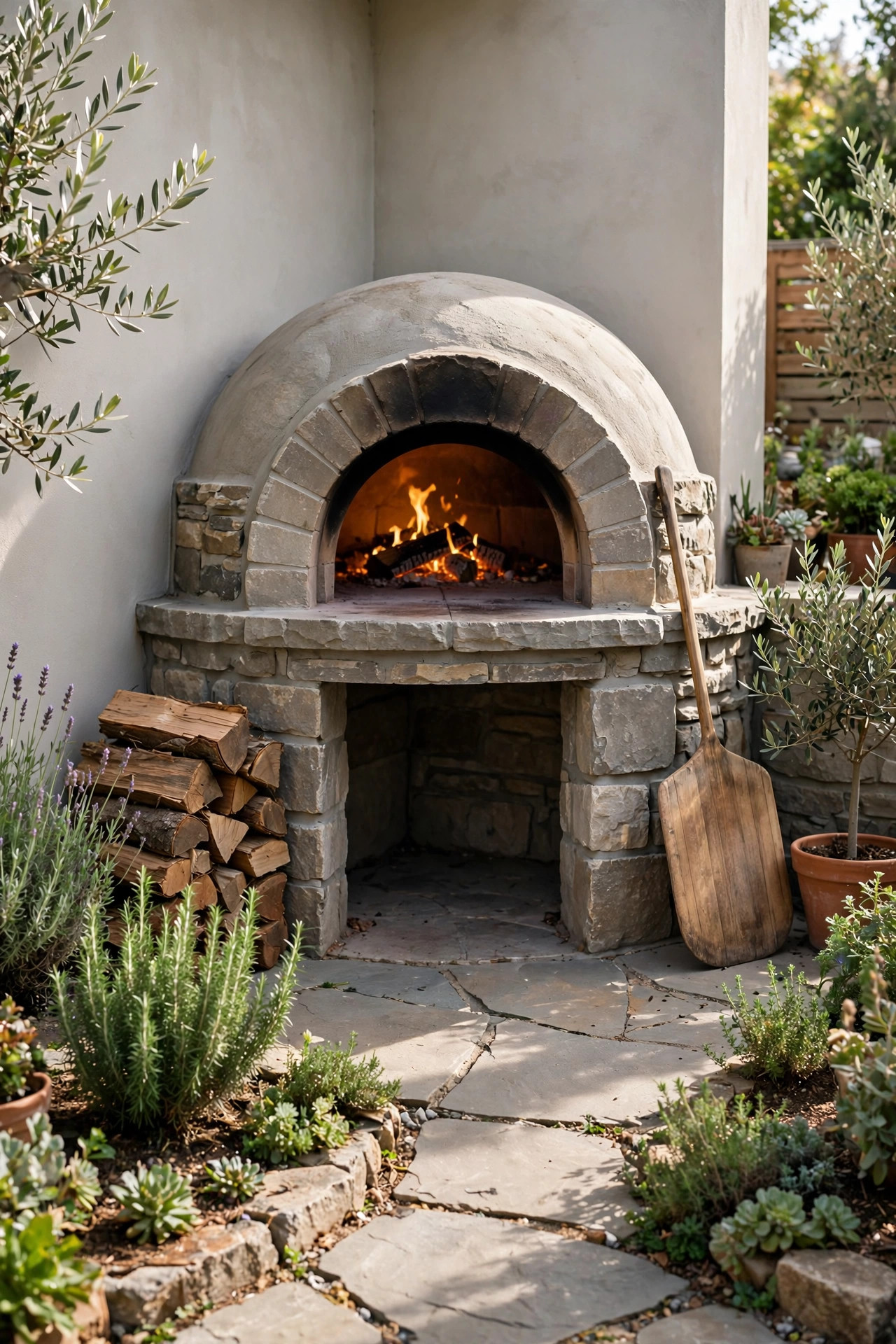 Wood fired pizza oven with a glowing fire in a backyard corner