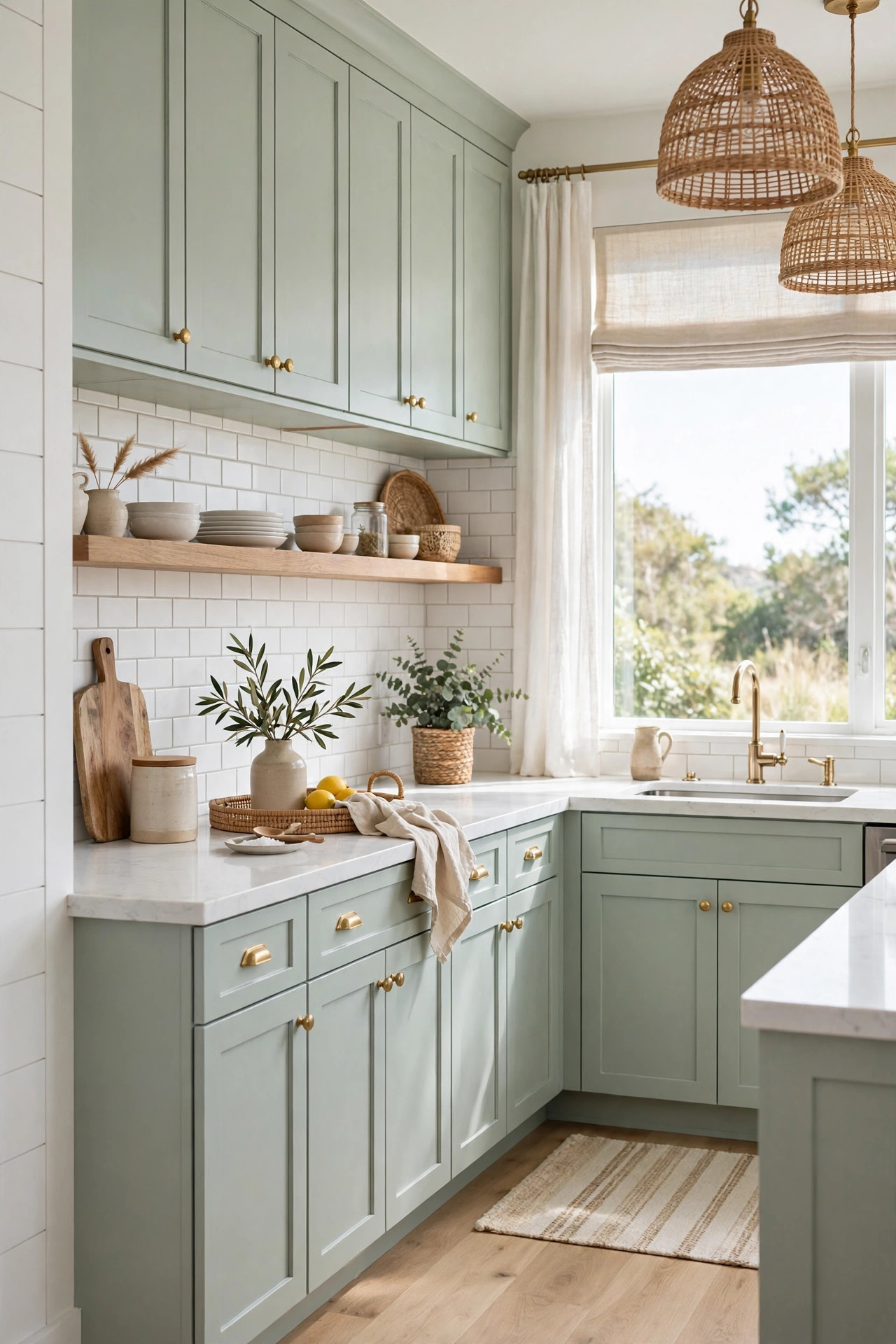 Coastal kitchen with pale seafoam green cabinets and white subway tile backsplash.