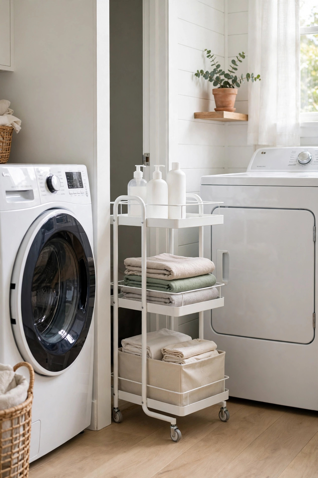 Slim white rolling cart with detergent and supplies pulled out between a washer and dryer.