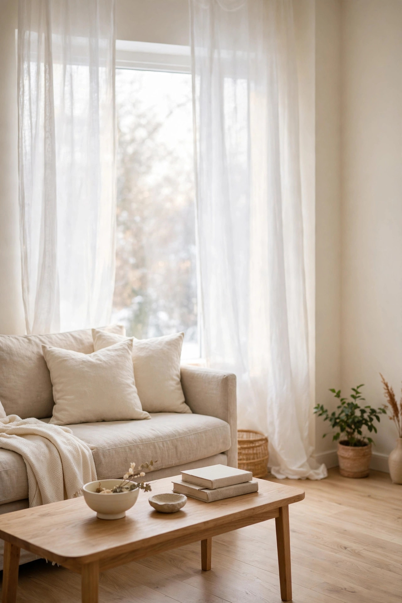 Cozy Winter Home Decor Ideas for After the Holidays 4 Living room with warm creamy white walls, a linen sofa, and soft daylight glowing through sheer curtains