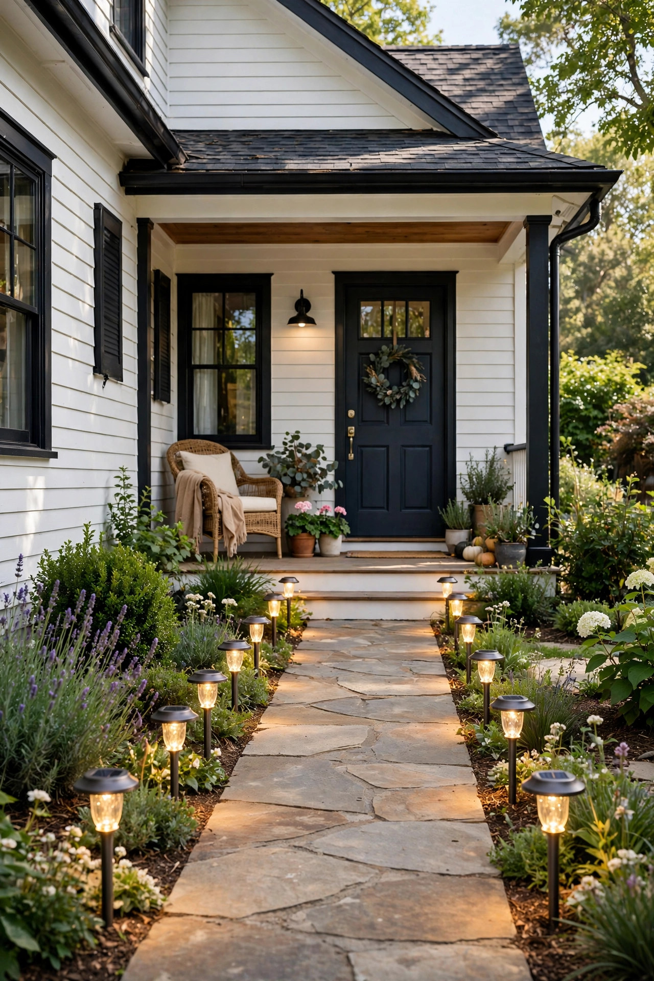 Small Front Yard Landscaping Ideas With Big Impact 4 Small solar path lights lining a front walkway in bright daylight.
