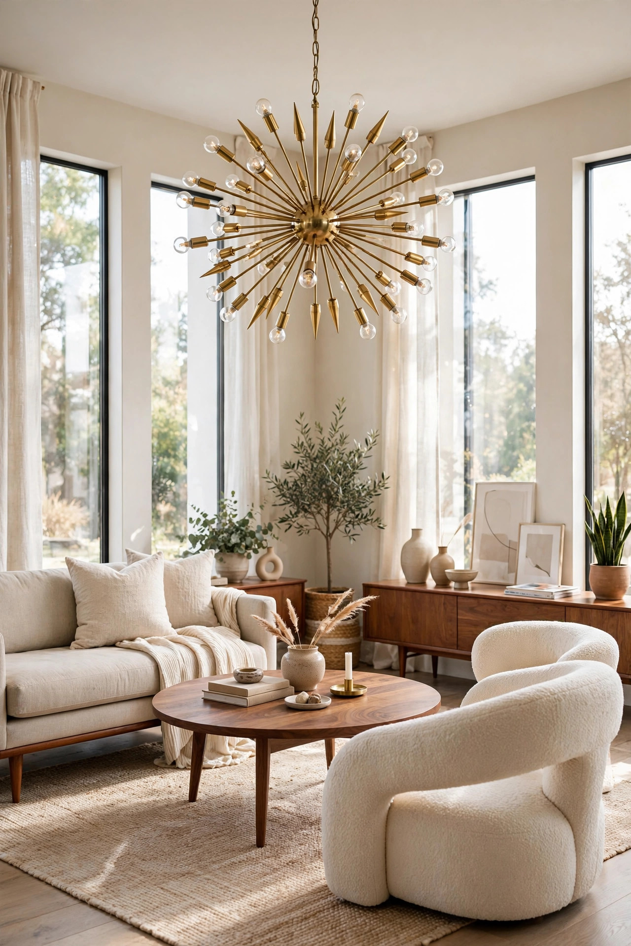 17 Mid-Century Modern Living Room Ideas That Still Feel Fresh 4 Brass sputnik chandelier above a walnut table in a sunlit living room