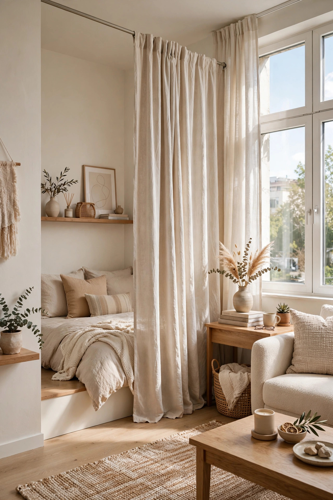 Studio apartment with linen curtains hung from a tension rod as a room divider.