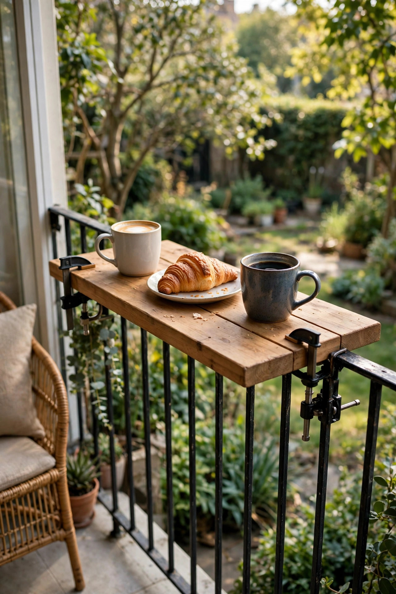 17 Outdoor Dining Ideas for Small Patios 4 Wooden bar top clamped onto a balcony railing holding two coffee mugs and a croissant, with a garden view beyond