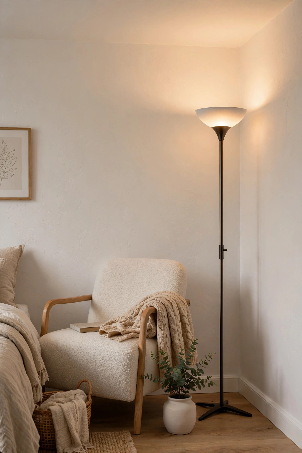 A tall slim torchiere floor lamp bouncing warm light off a white ceiling above a cozy bedroom chair.