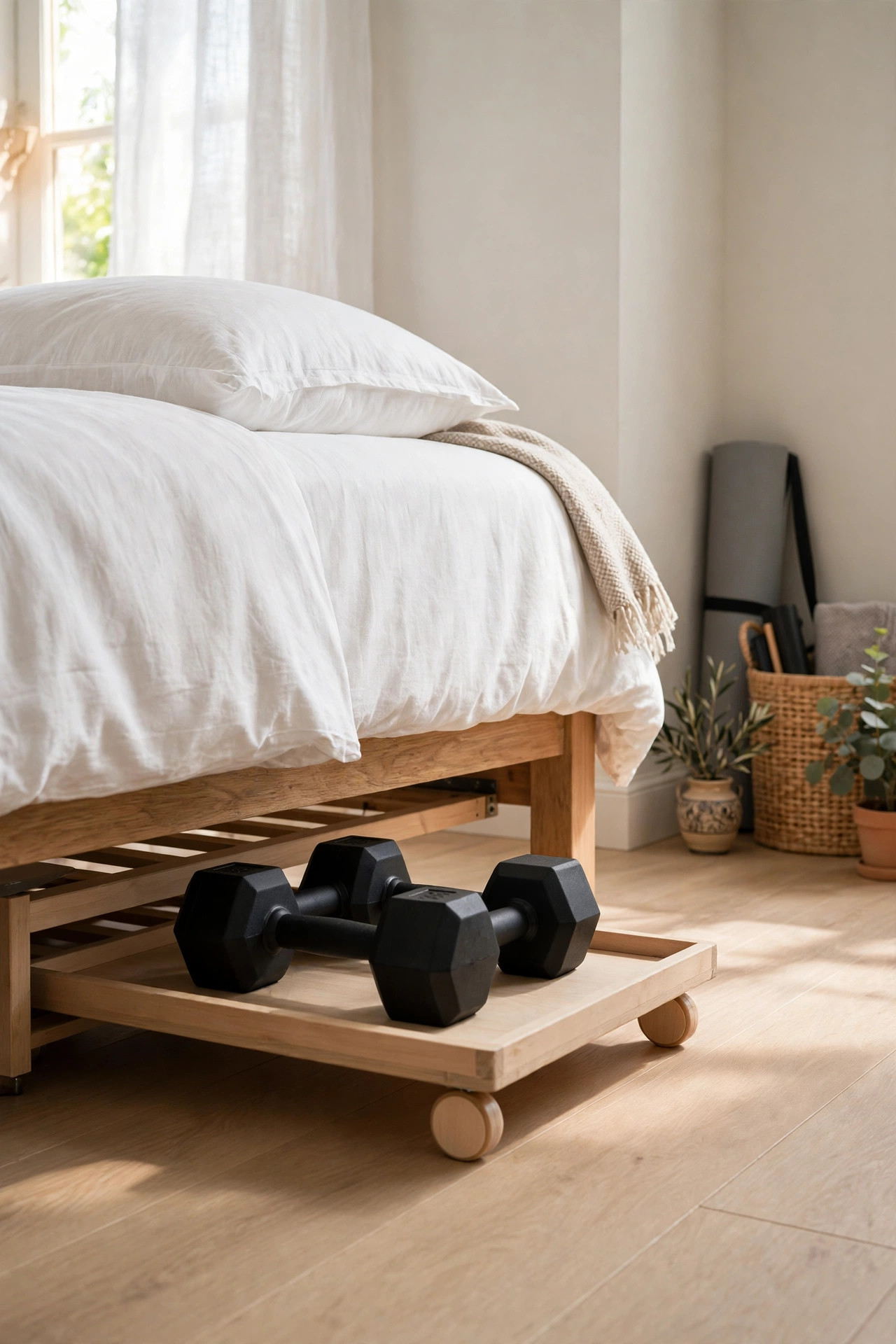 17 Small Home Gym Ideas That Fit in Any Corner 4 Wooden rolling tray with dumbbells sliding out from under a bed