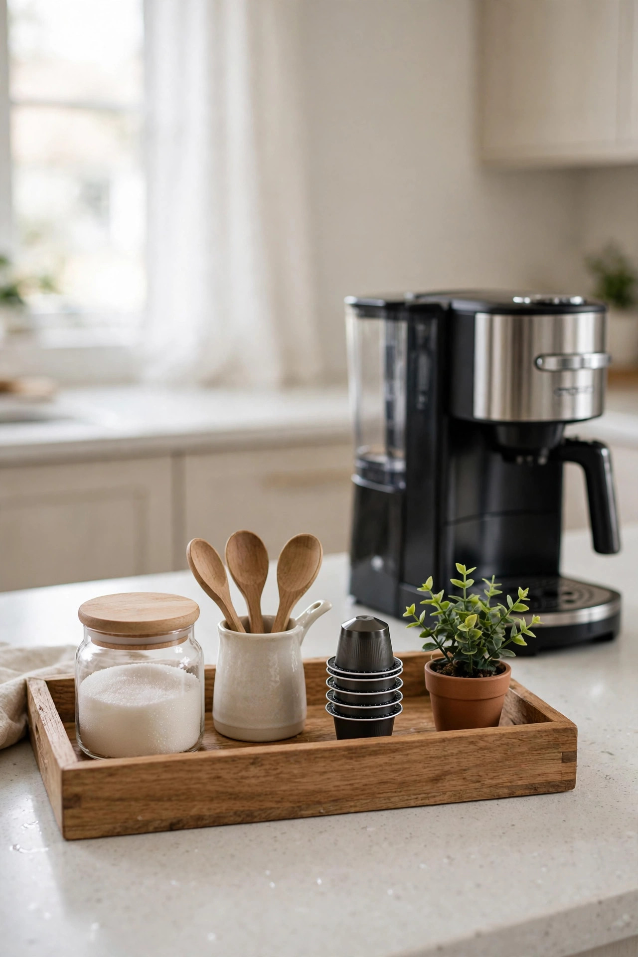 Wooden tray on a counter holding a sugar jar, spoons, coffee pods, and a small plant.