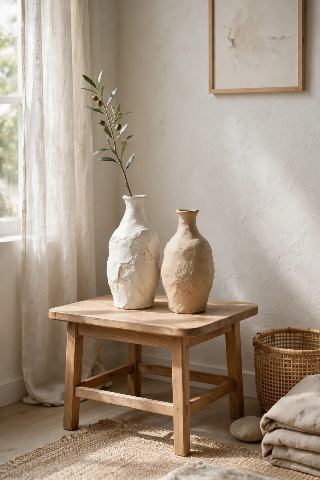 Handmade wabi-sabi ceramic vases with an olive branch on a wood side table