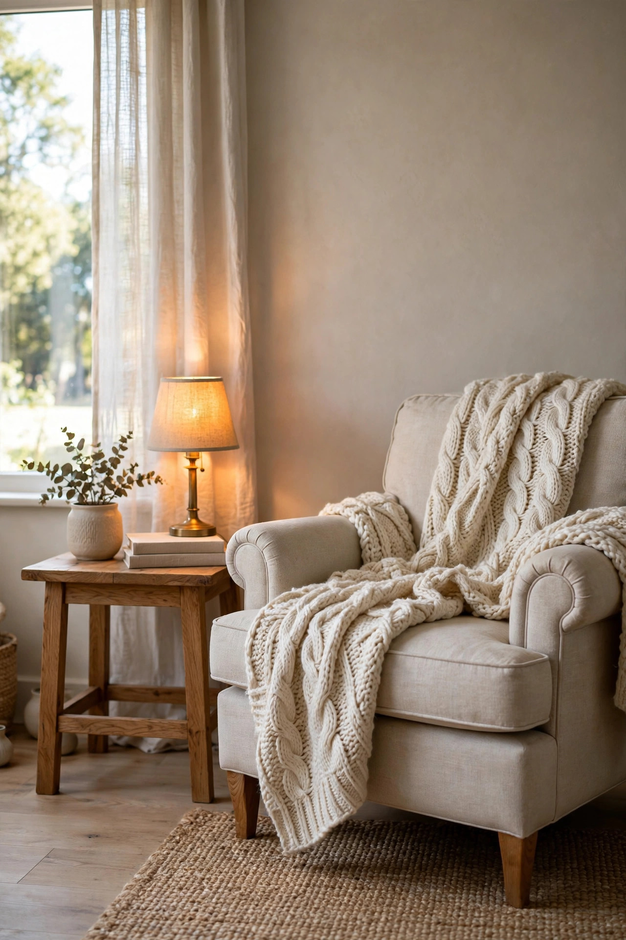 Table lamp glowing with warm amber light next to an armchair and throw blanket