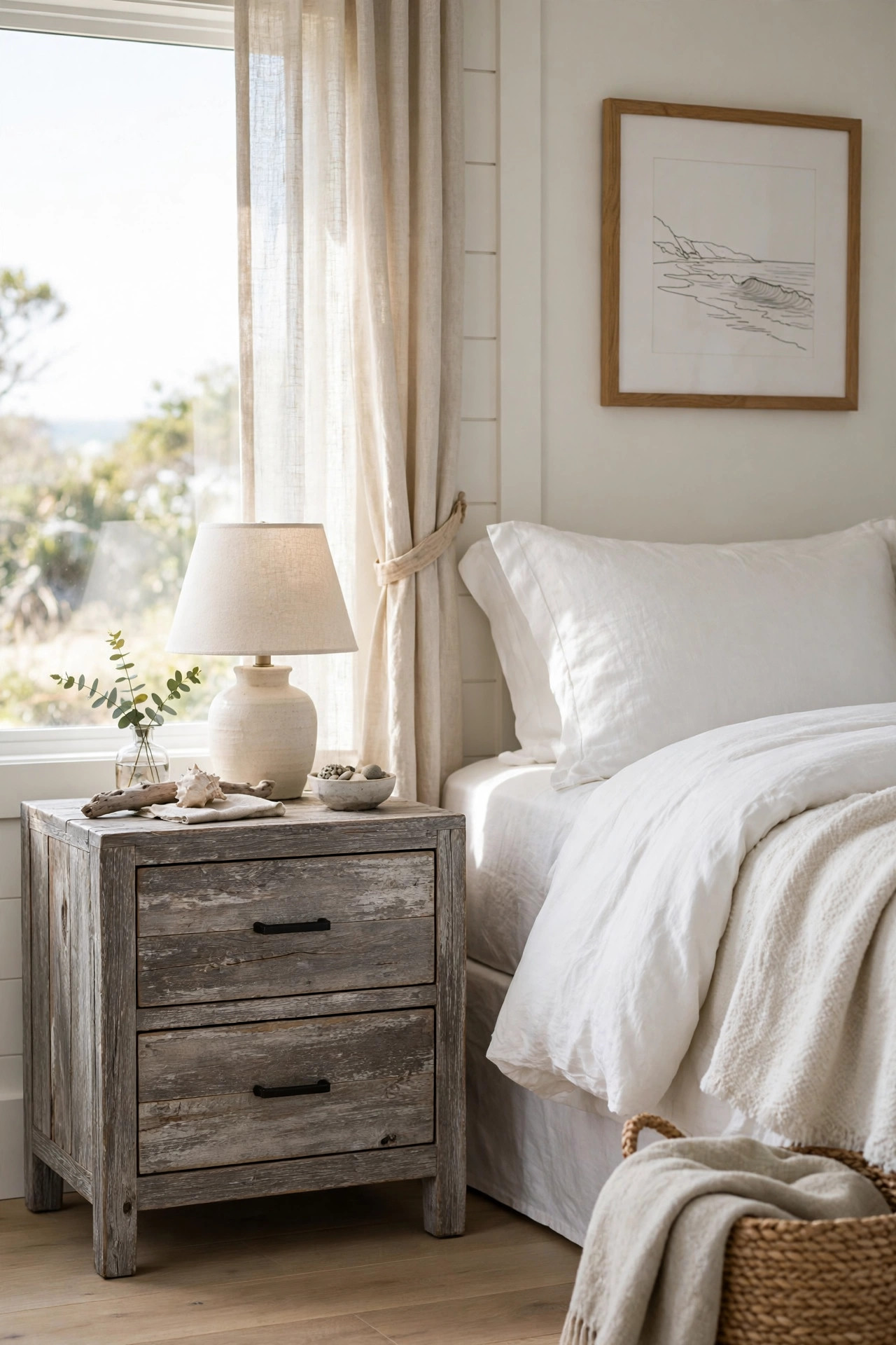 18 Coastal Bedroom Ideas Without the Cliches 4 Small nightstand with a weathered driftwood gray finish beside a bed