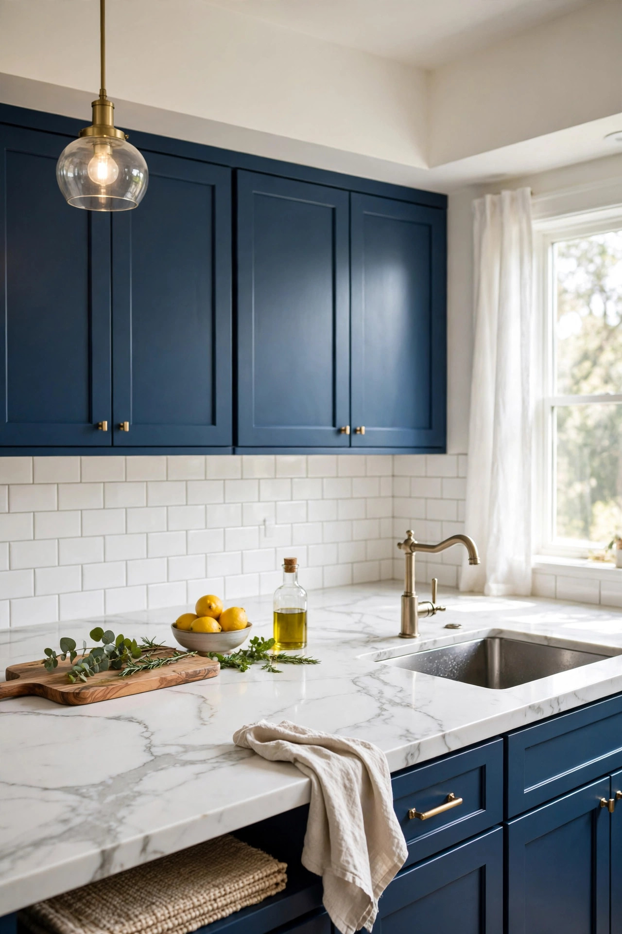 White marble countertop over blue cabinets