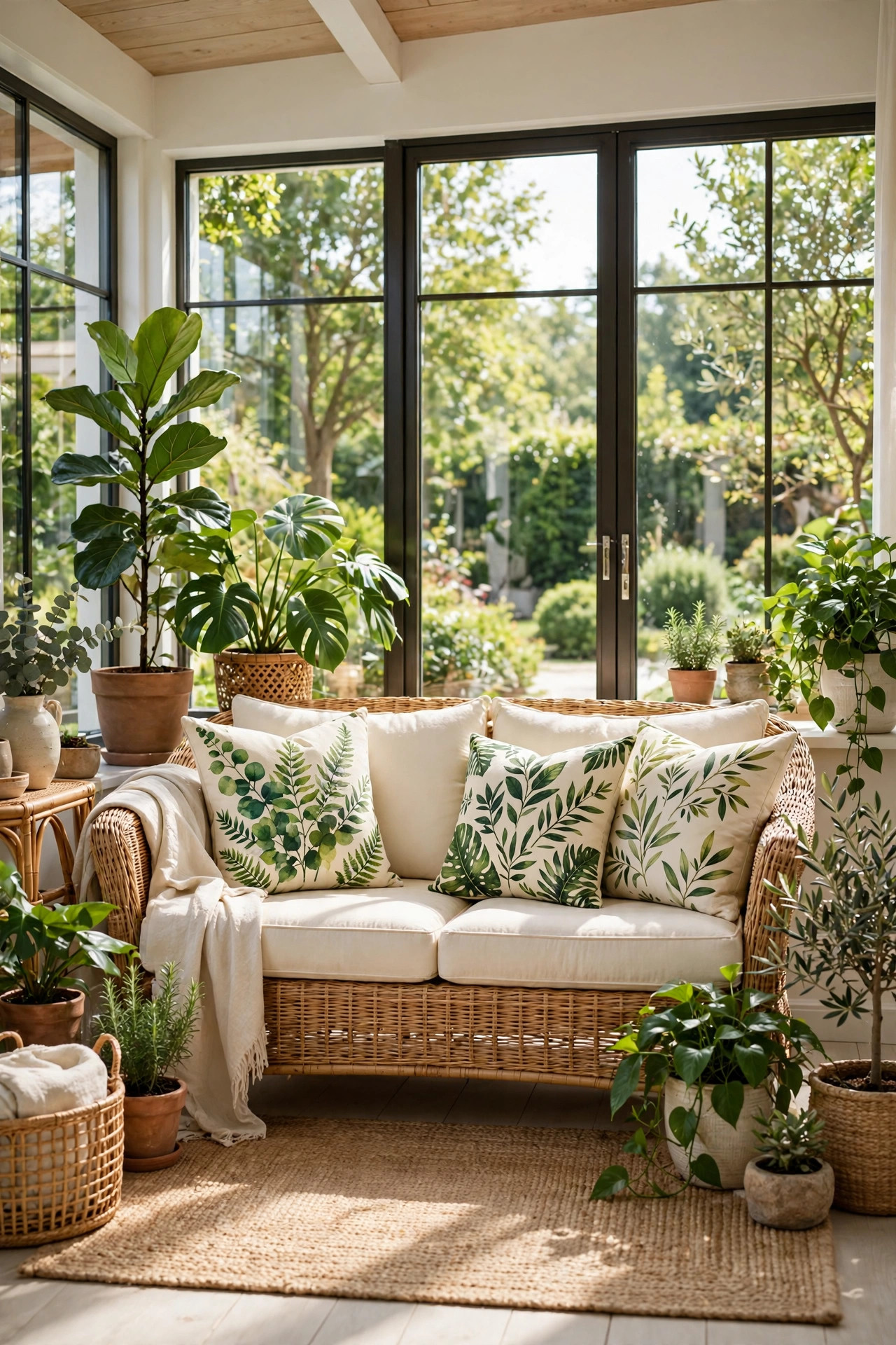 Wicker sofa with cream cushions and botanical leaf print pillows on a jute rug