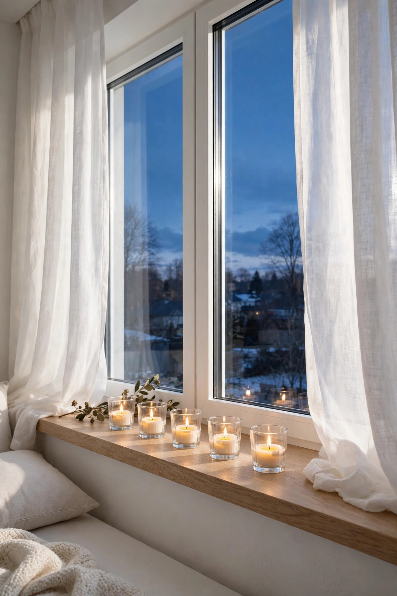 Row of small glass votive candles glowing on a deep windowsill at dusk
