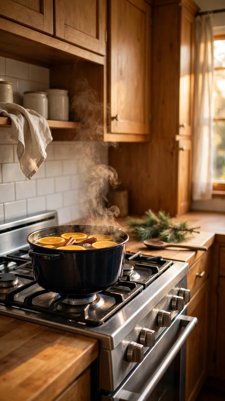 A black pot of orange slices and cinnamon sticks steaming on a stove, with pine sprigs and a wooden spoon on the counter beside it.