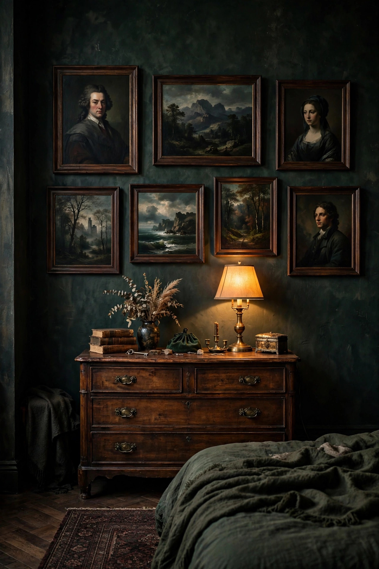 21 Dark Academia Room Decor Ideas That Feel Like an Old Library 5 Gallery wall of framed classical paintings above a vintage dresser