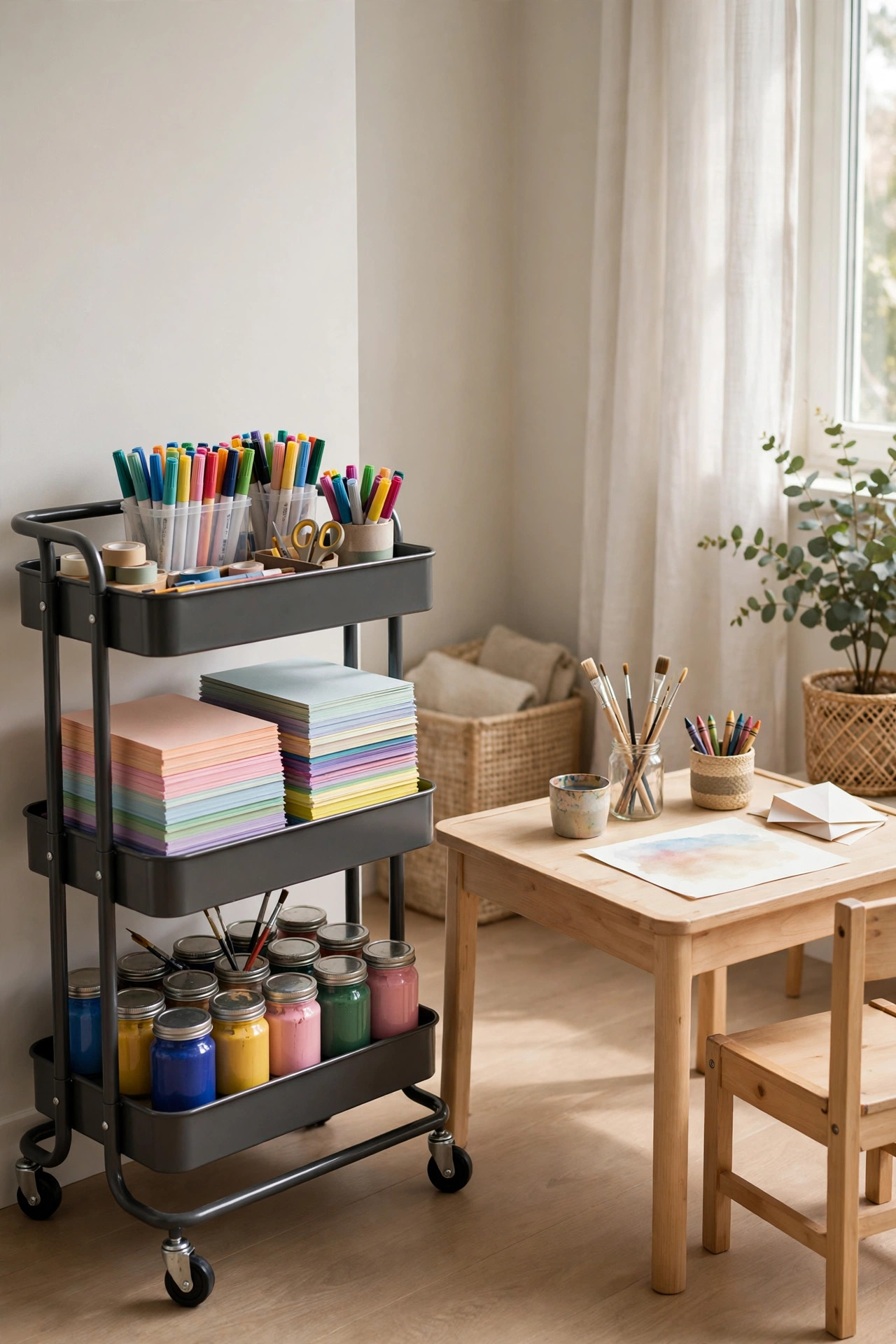 16 Playroom Ideas That Keep the Mess Contained 5 A three-tier rolling cart filled with markers, paper and paint supplies beside a clean art table.