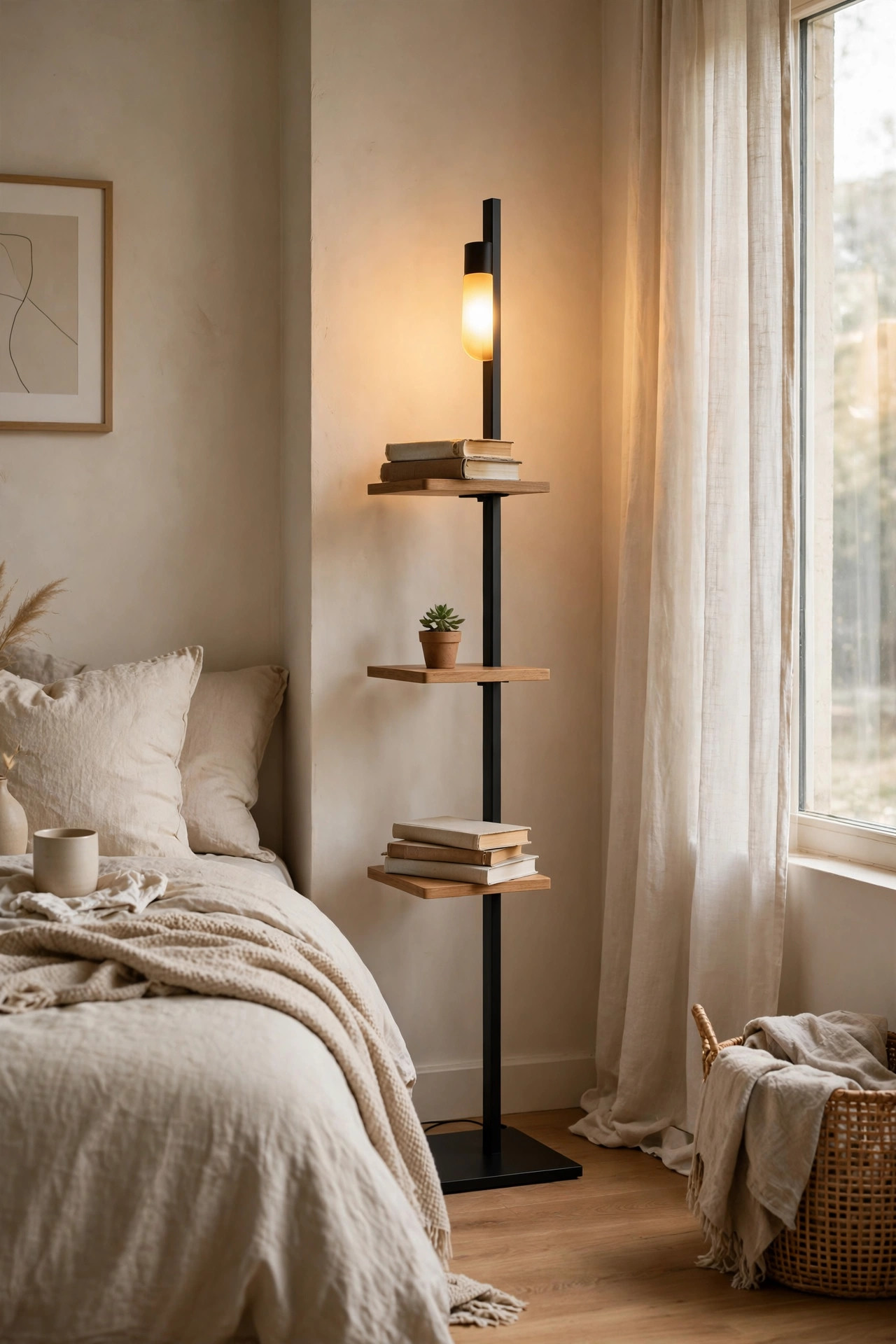 A shelf floor lamp with wooden shelves holding books and a small plant, glowing warmly in a bedroom corner.
