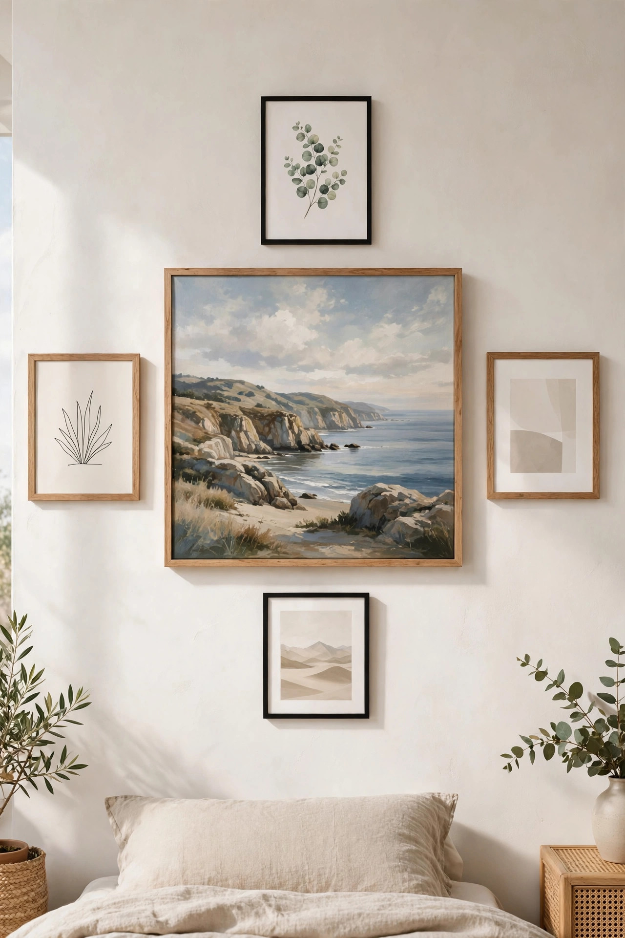 15 Gallery Wall Ideas That Look Curated, Not Cluttered 5 One large landscape painting anchors a bedroom wall with smaller framed prints arranged evenly around it.