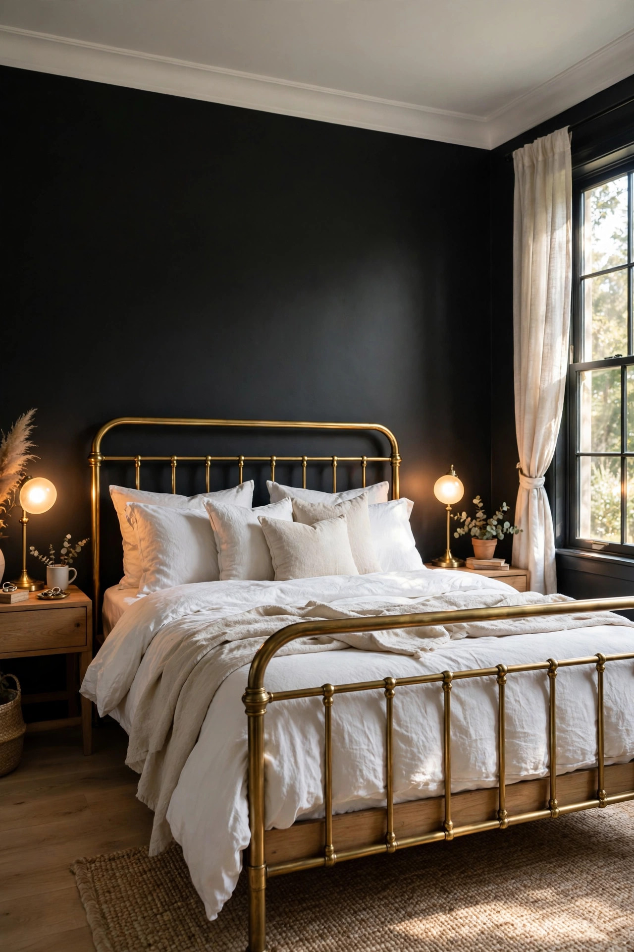 17 Art Deco Bedroom Ideas With a Modern Twist 5 A moody bedroom with deep charcoal walls, a brass bed frame, and warm glowing bedside lamps.