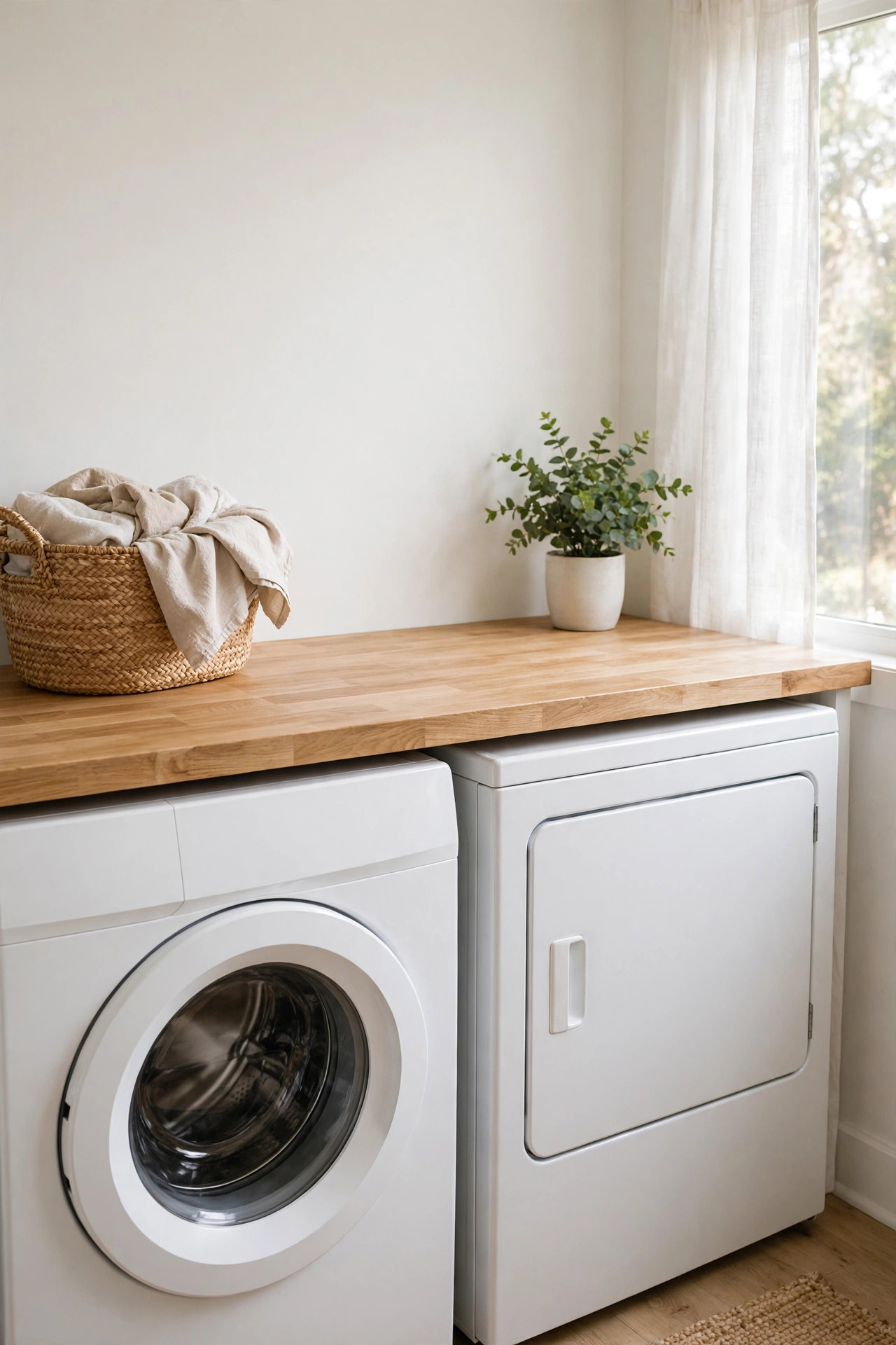 Light oak butcher block countertop across a washer and dryer with a laundry basket and plant on top.