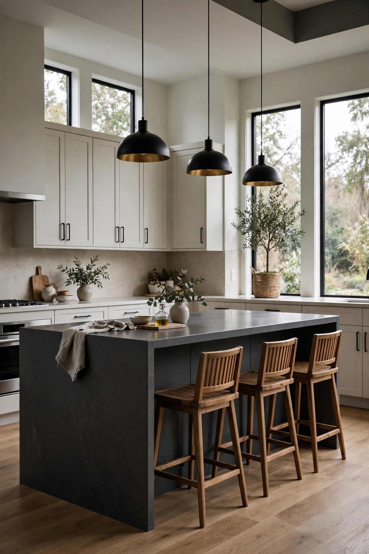 Charcoal waterfall island with wooden bar stools in a bright kitchen.