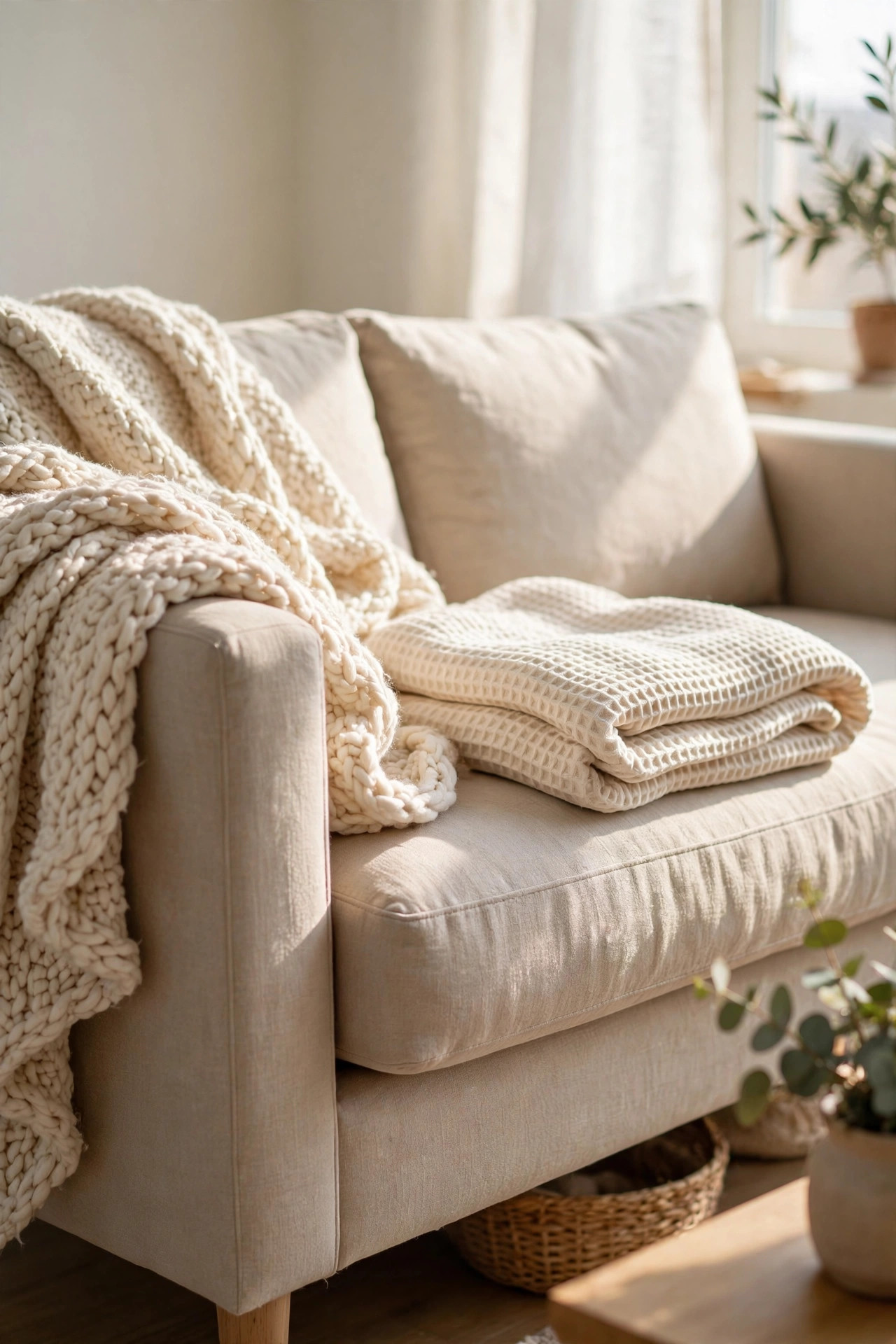 Cozy Winter Home Decor Ideas for After the Holidays 5 Cream chunky knit throw blanket casually draped over the arm of a beige linen sofa in a bright living room