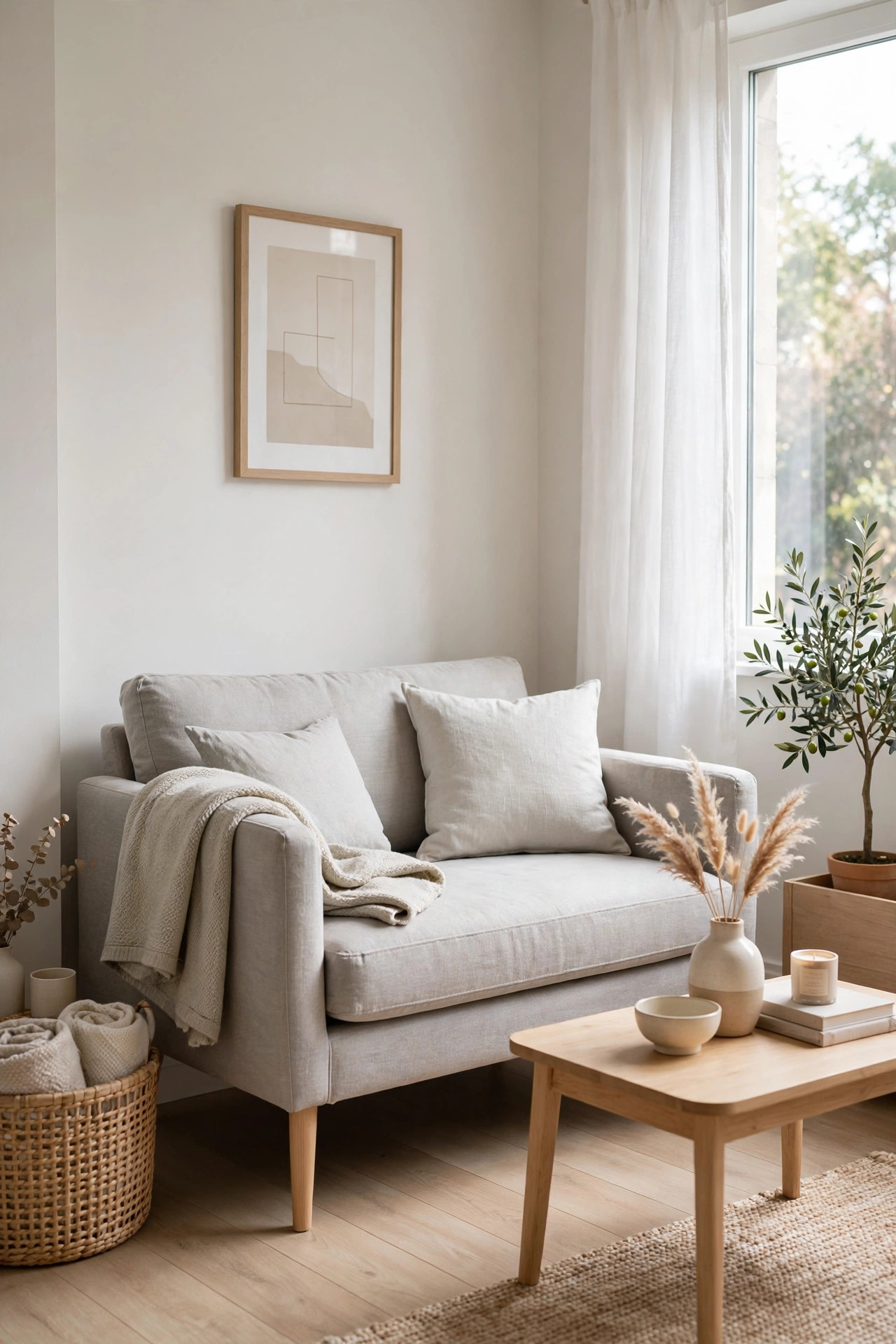 Compact two seat loveseat in light grey linen with slim wooden legs and a folded throw on the arm