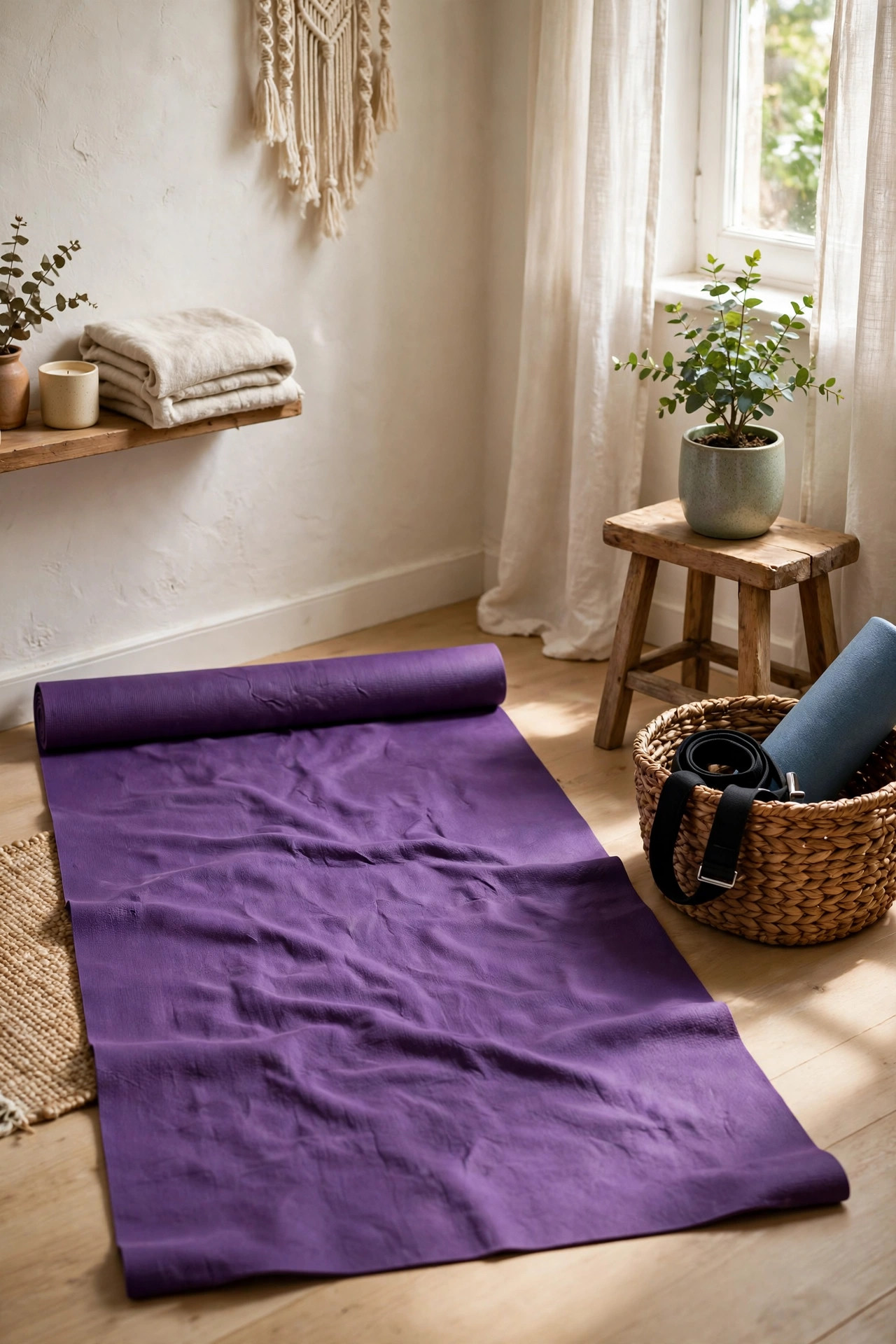 17 Small Home Gym Ideas That Fit in Any Corner 5 Cozy corner yoga nook with unrolled mat, basket and small plant