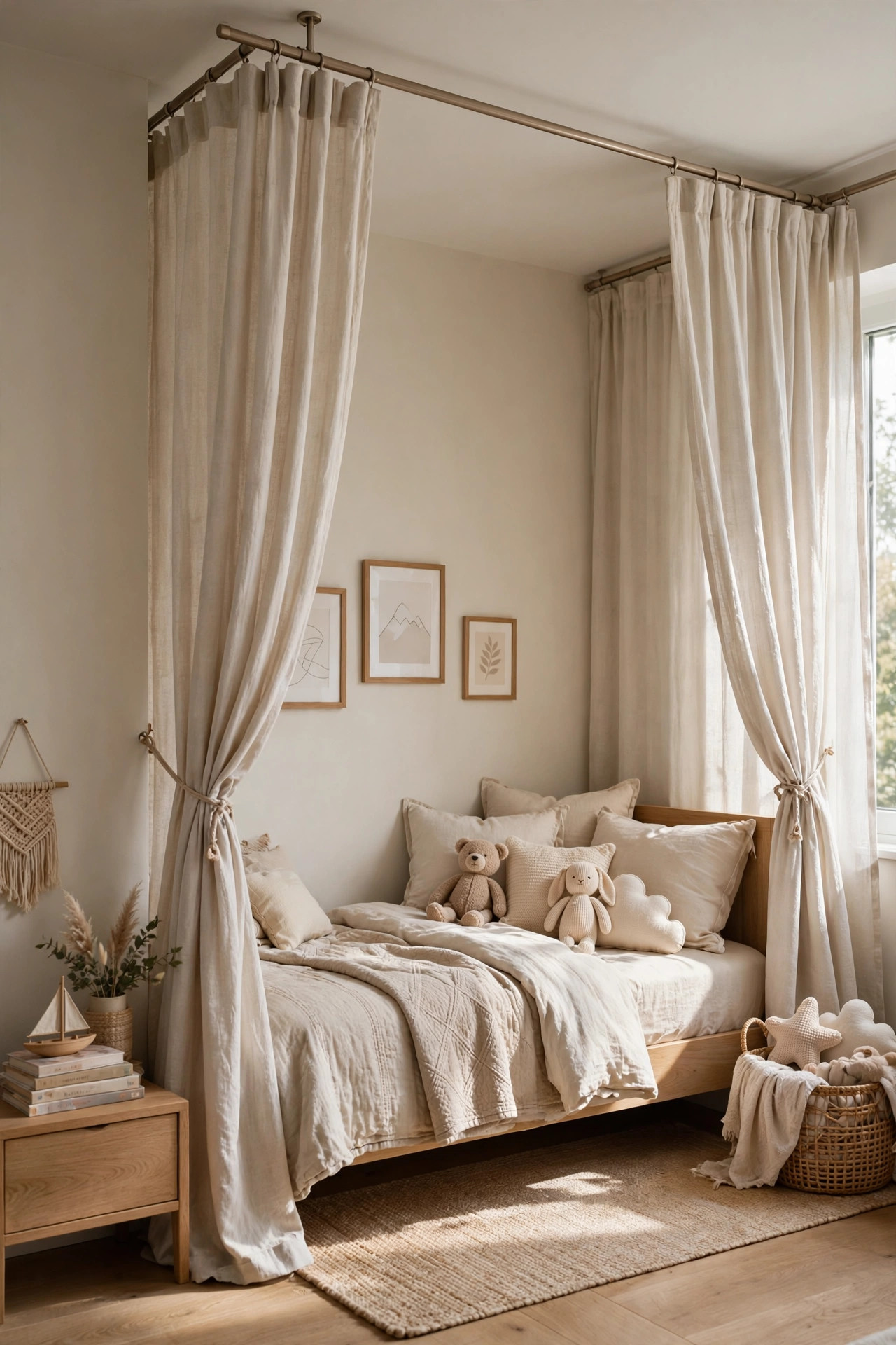Curtain panels creating a private nook around a bed in a shared room.
