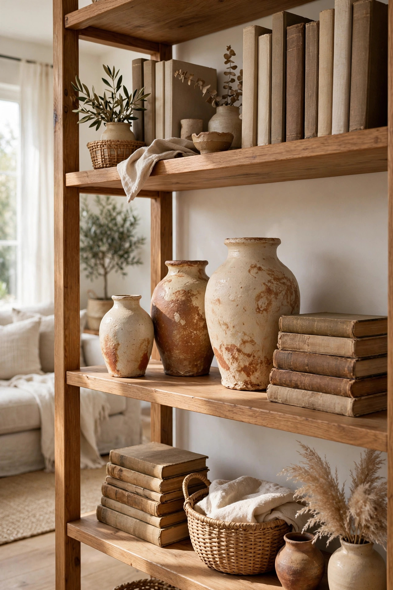 Group of three vintage pottery vases in cream and earth tones on a bookshelf