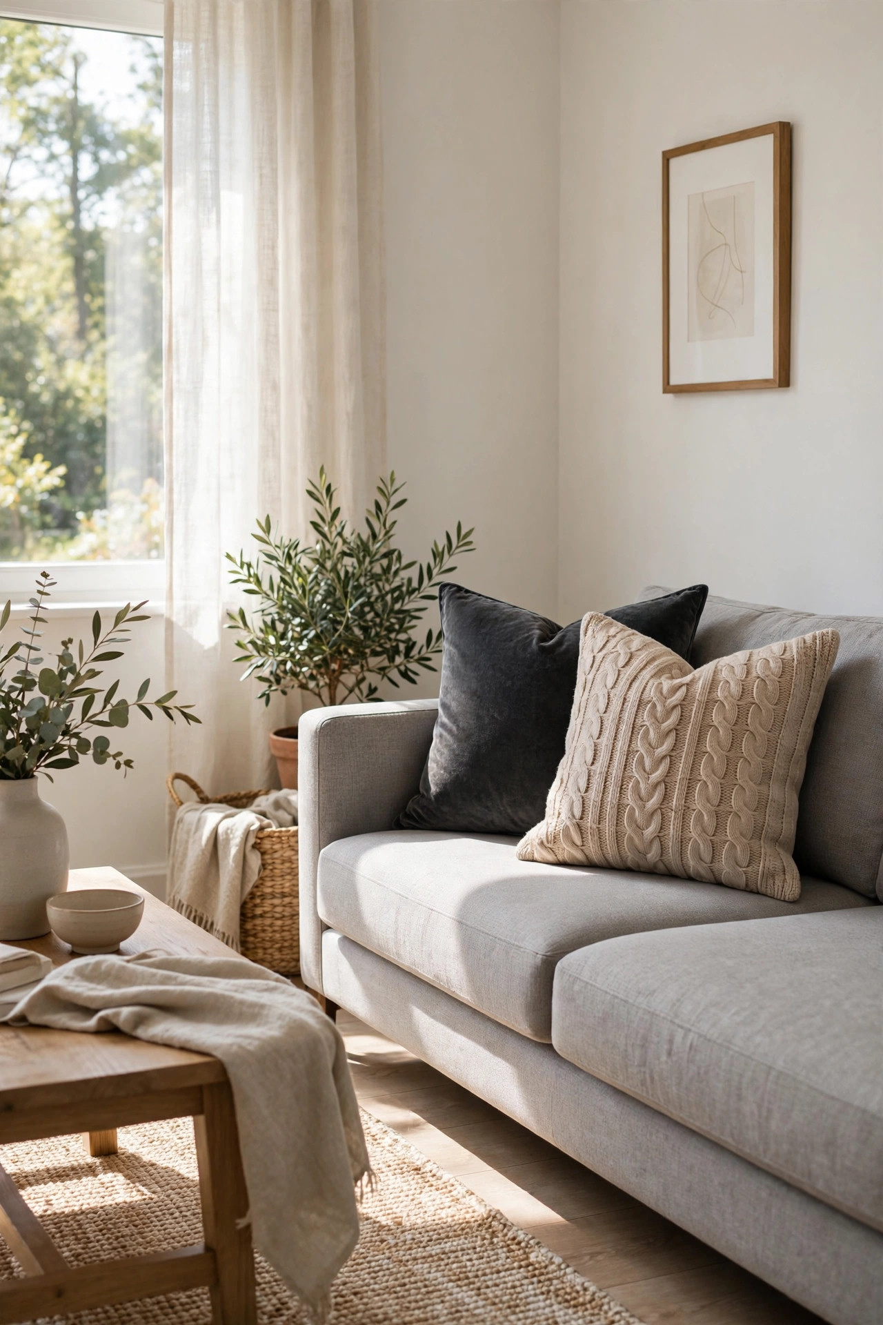 Gray sofa styled with a deep emerald green velvet pillow and a warm gray chunky knit pillow