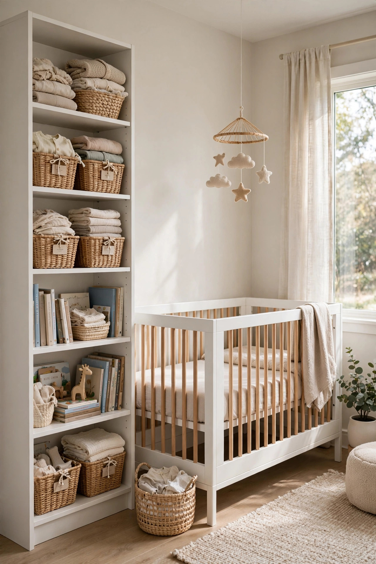 Tall narrow white bookcase filled with labeled baskets beside a nursery crib