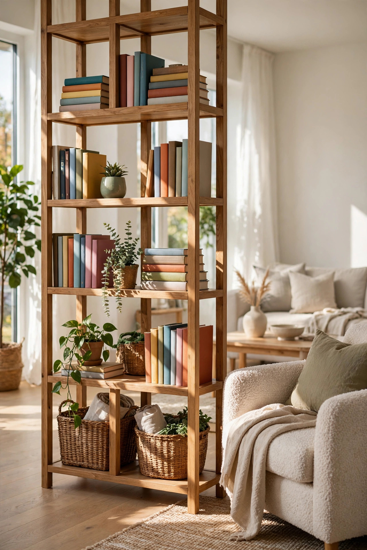 Open wooden bookshelf styled with books and plants dividing a bright living room