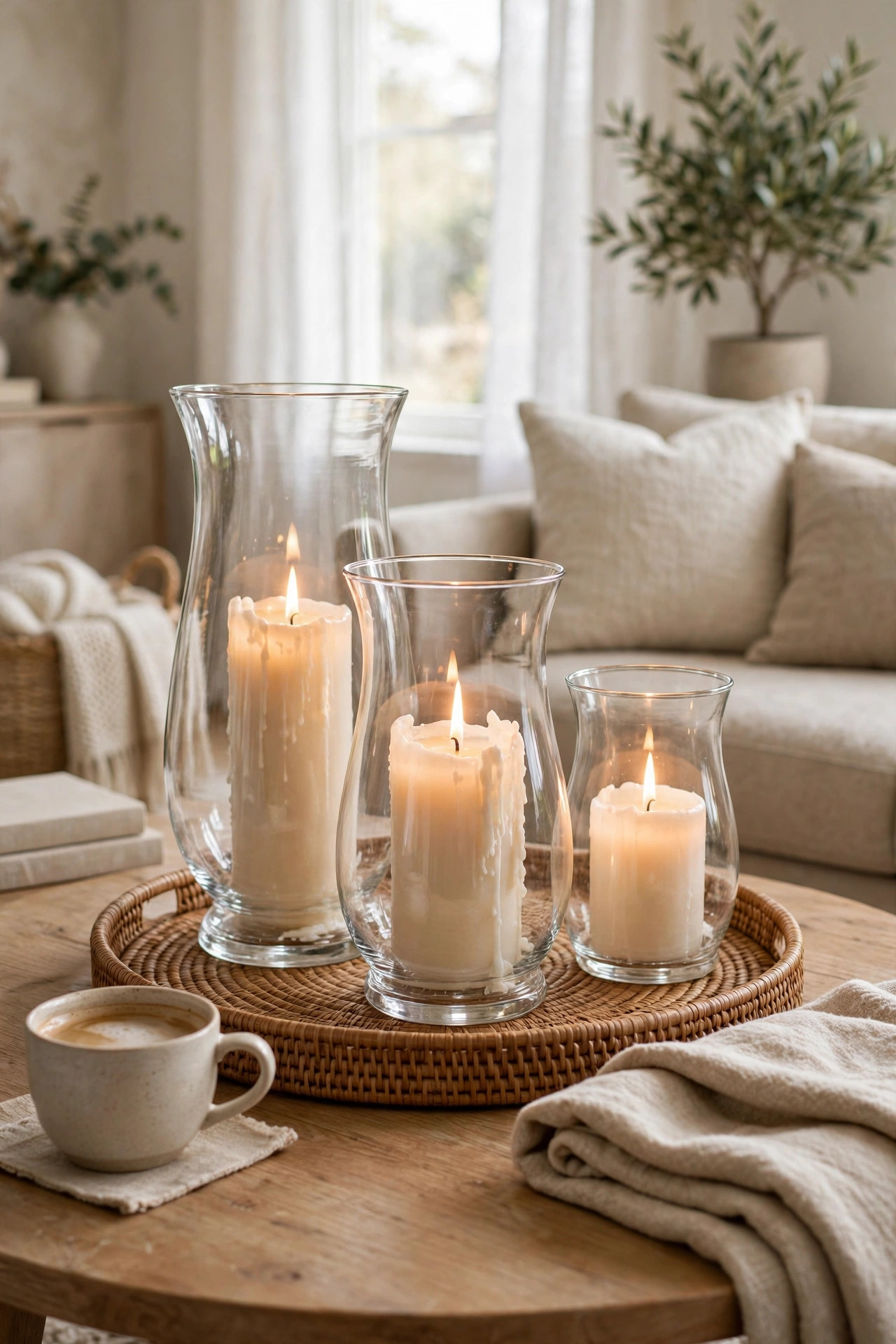 Three glass hurricane candle holders of different heights on a tray on a coffee table