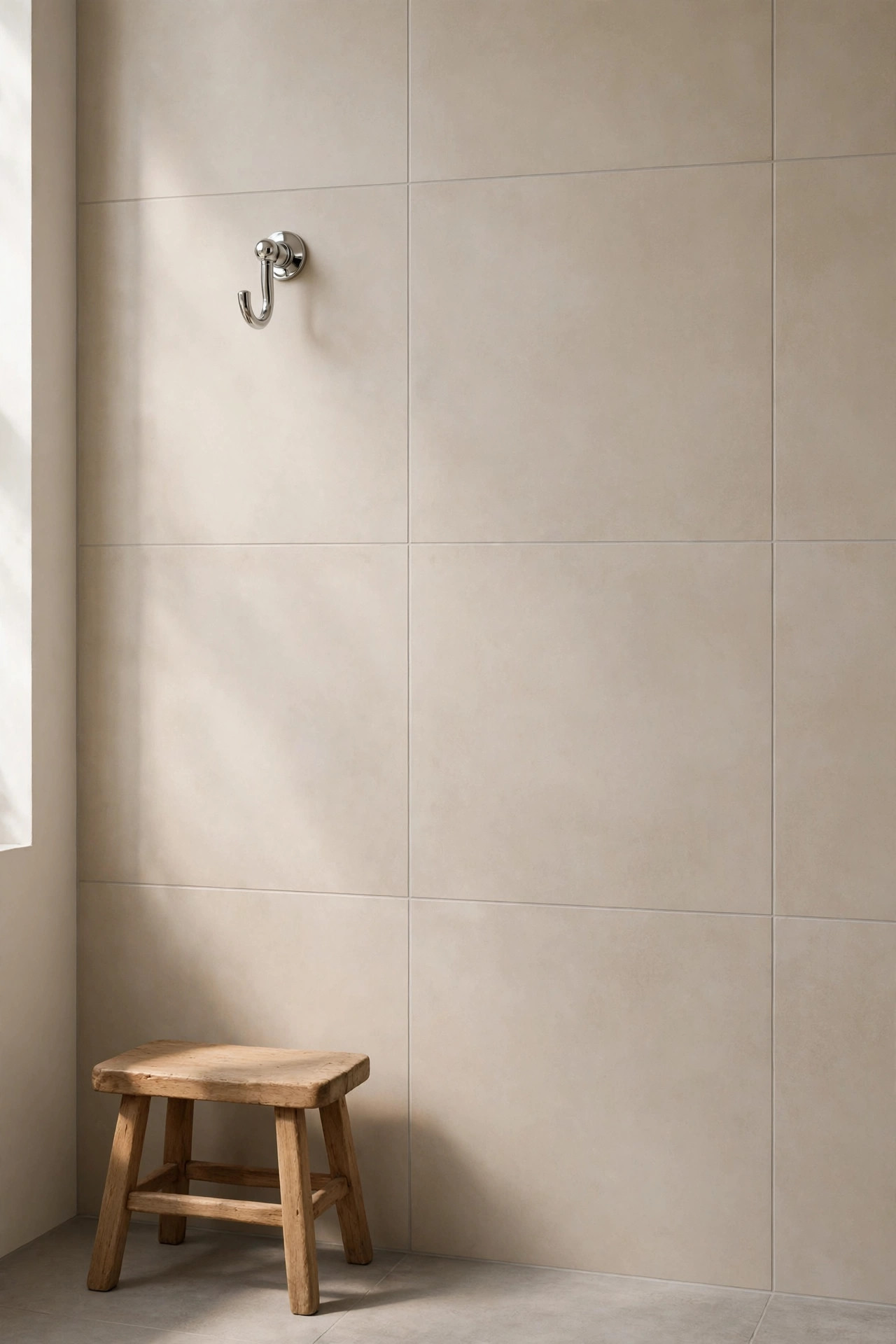 Large light beige bathroom tiles with thin grout lines on a small bathroom wall.