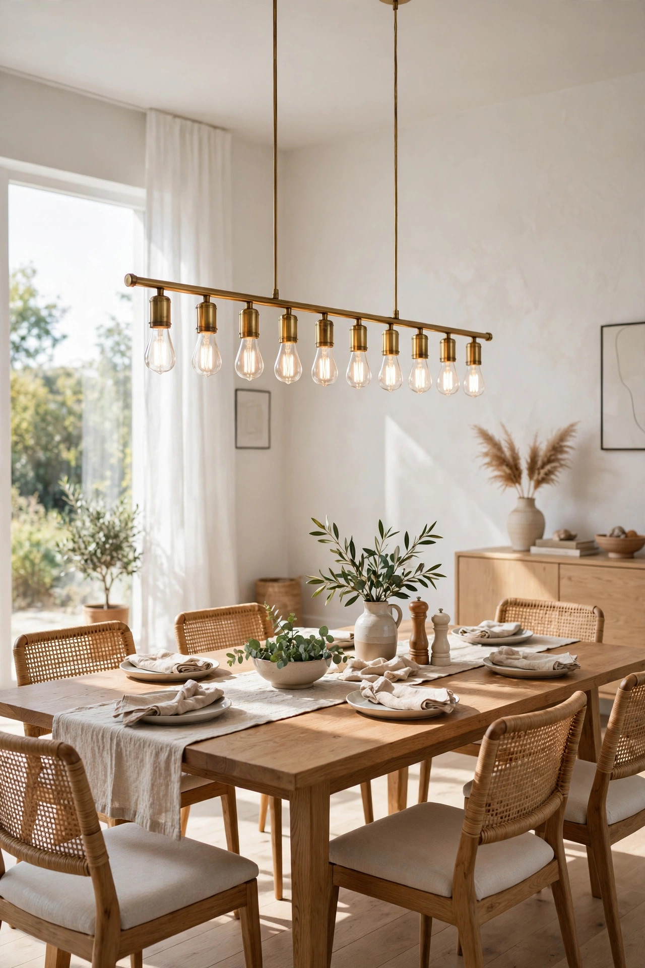 A long linear pendant light with multiple bulbs hanging over a rectangular wooden dining table.