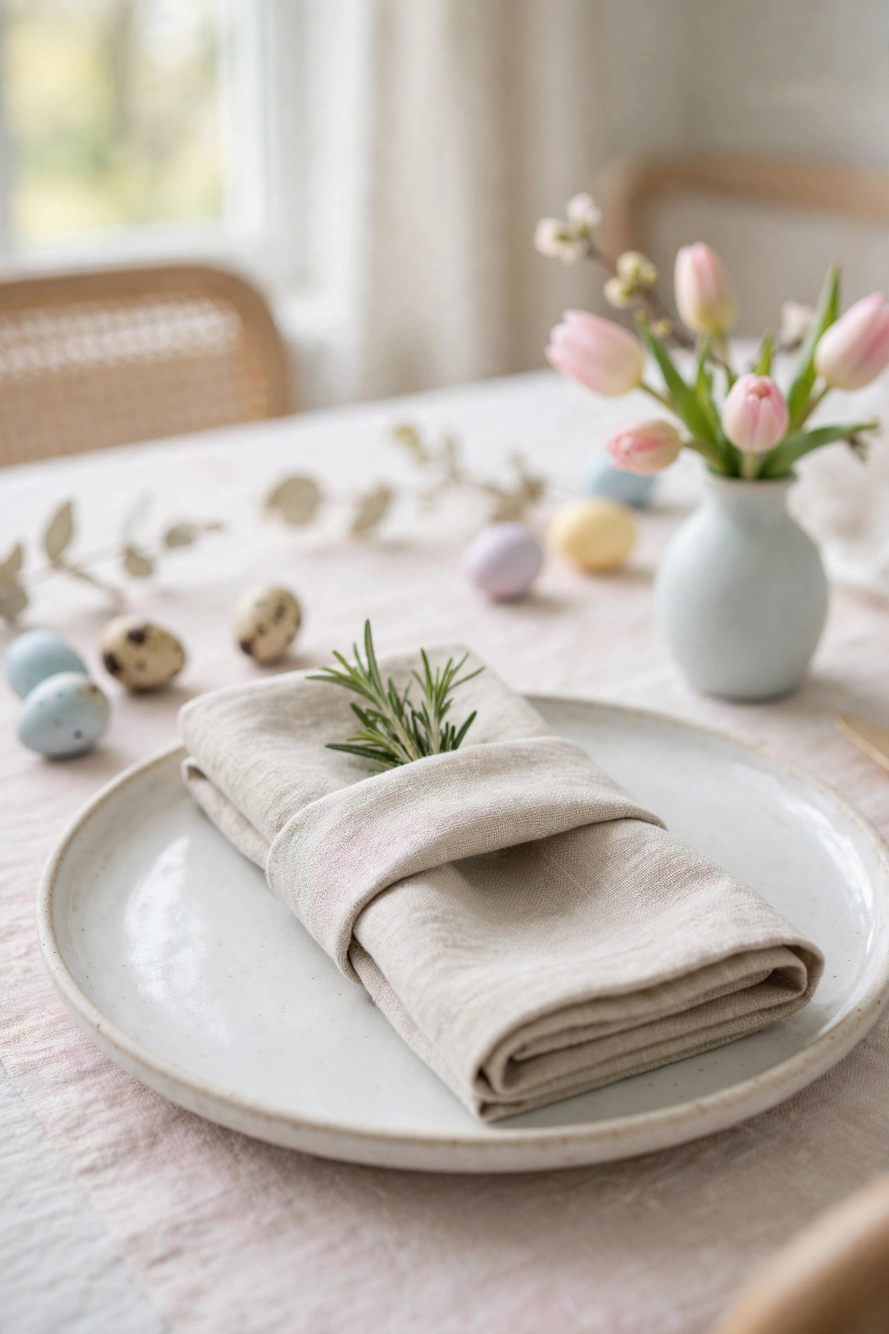 Folded linen napkin with a small green spring sprig tucked inside