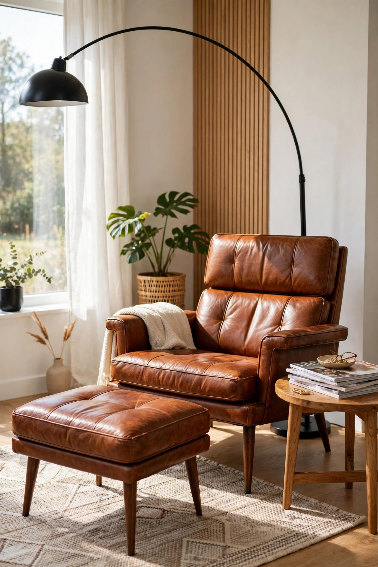 17 Mid-Century Modern Living Room Ideas That Still Feel Fresh 5 Cognac leather lounge chair and ottoman with an arc floor lamp in a reading corner