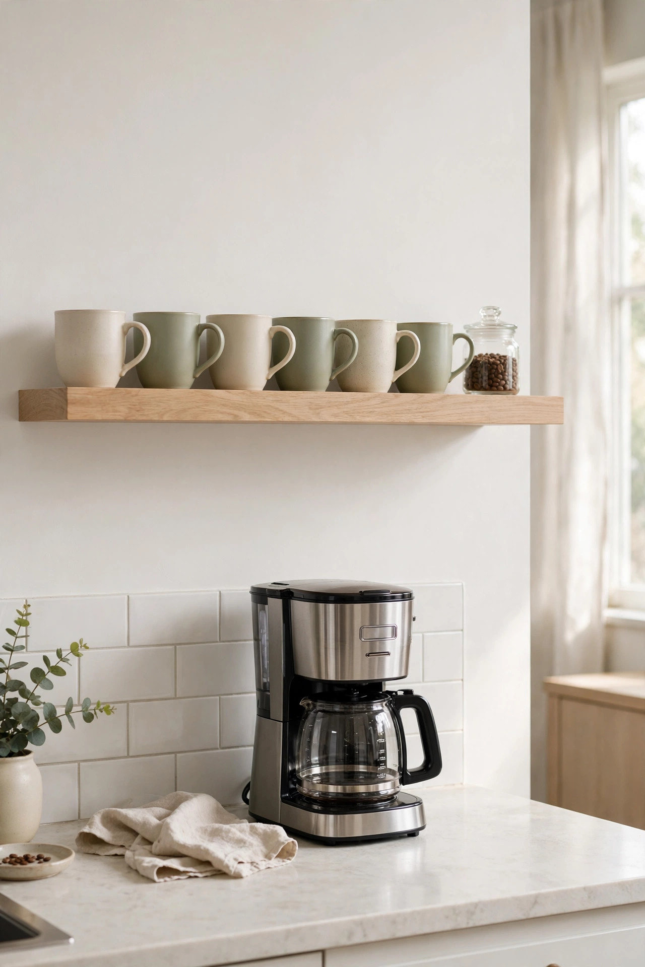 Light wood floating shelf above a coffee maker holding ceramic mugs and a bean jar.