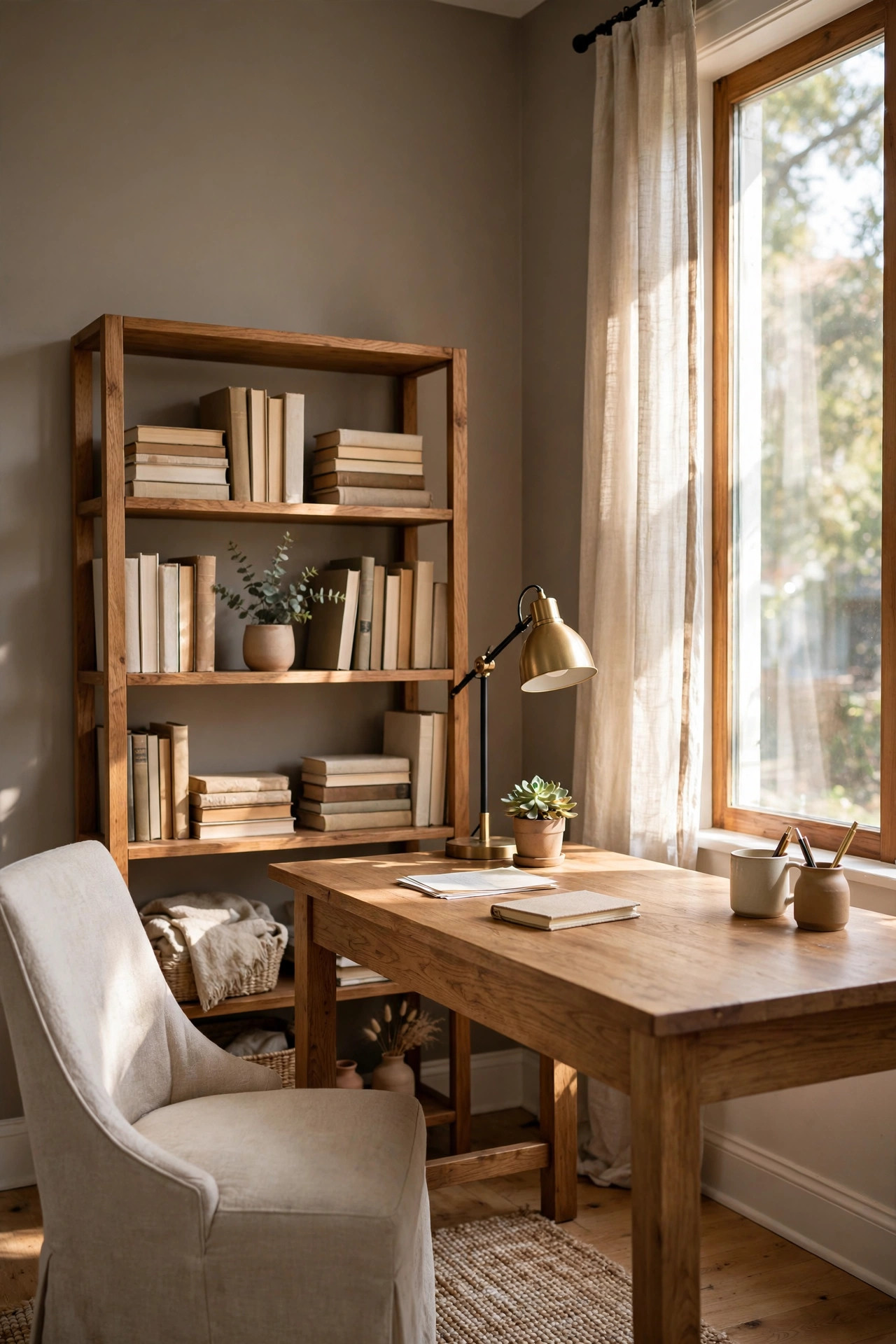 16 Earthy Paint Colors That Make a Home Feel Grounded 5 Home office with mushroom taupe walls, a wooden desk, a bookshelf, and a linen chair in daylight