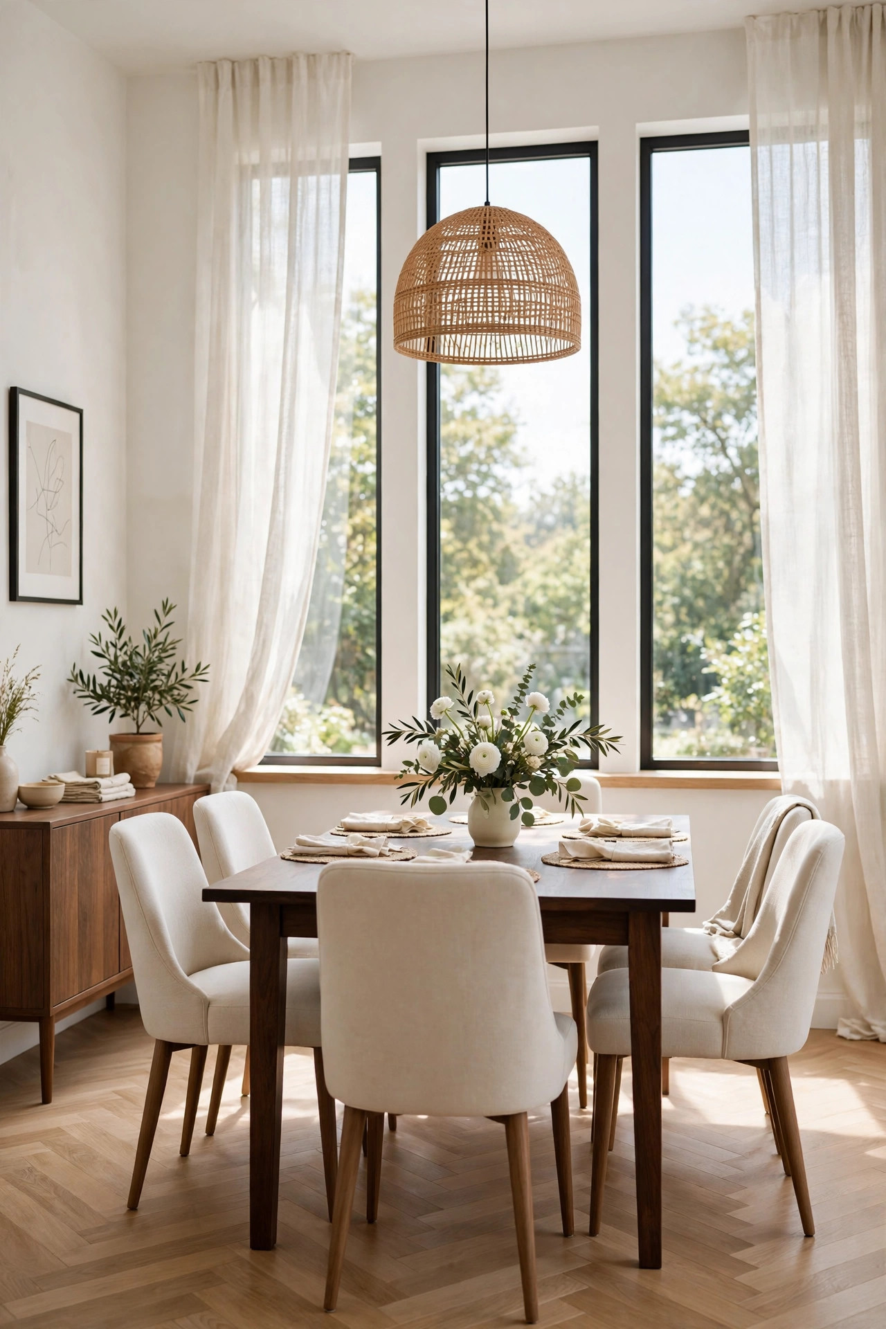 15 Warm White Paint Colors That Work in Every Room 5 Dining room with soft warm white walls, dark wood table, cream chairs, and a floral centerpiece
