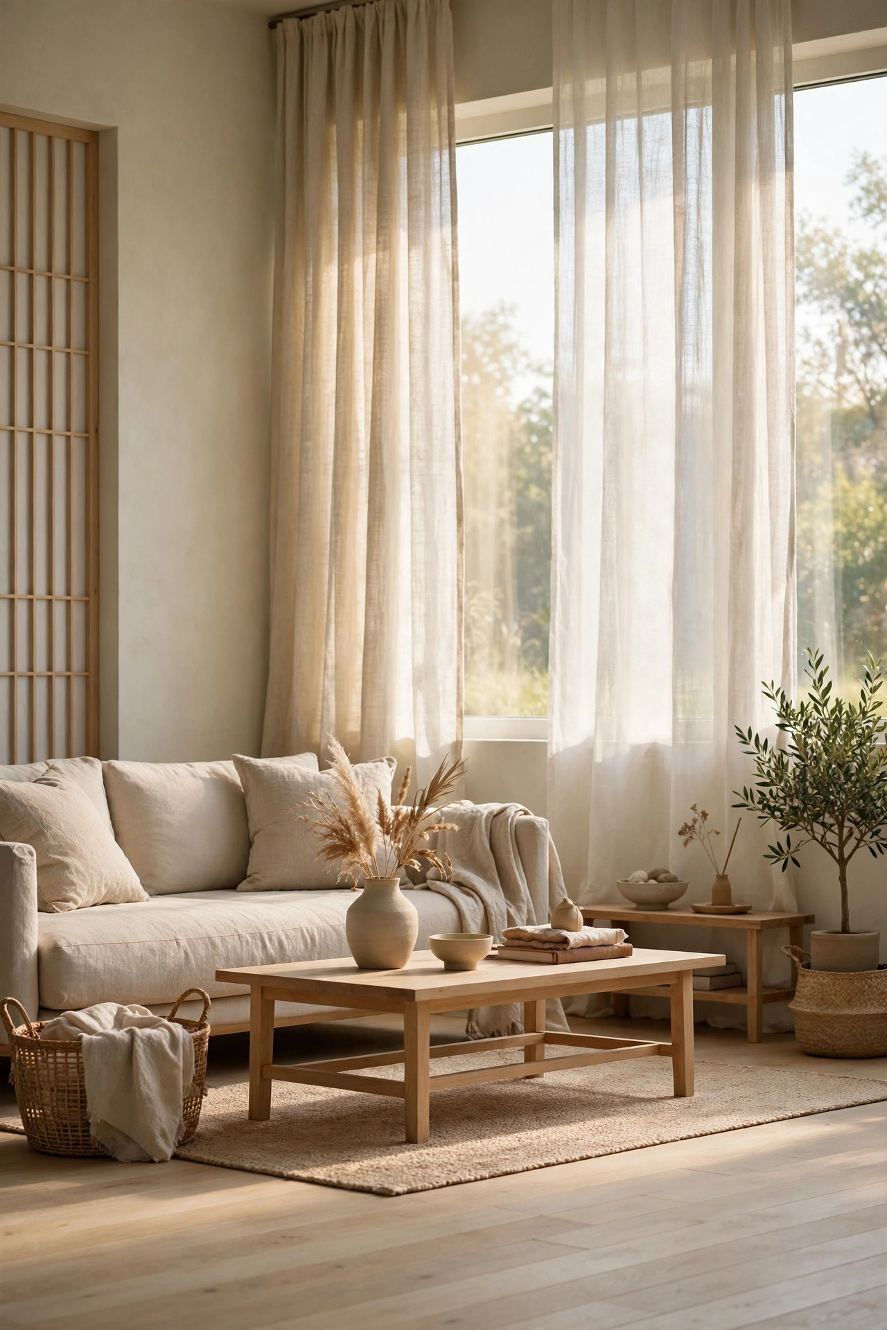 Natural linen curtains filtering soft sunlight in a Japandi living room