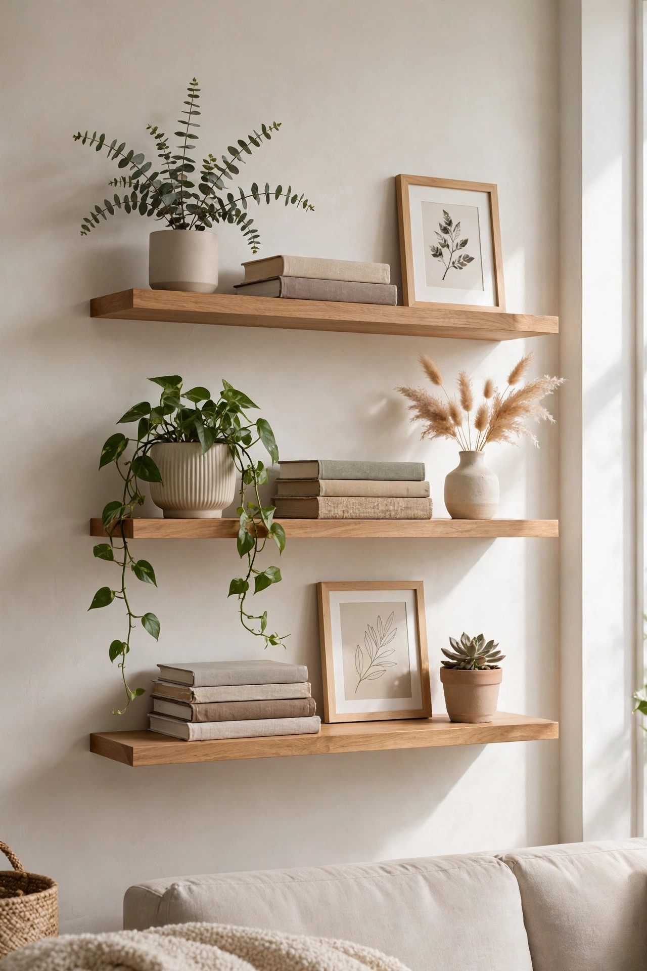 Living room wall with wooden floating shelves styled with plants and frames.