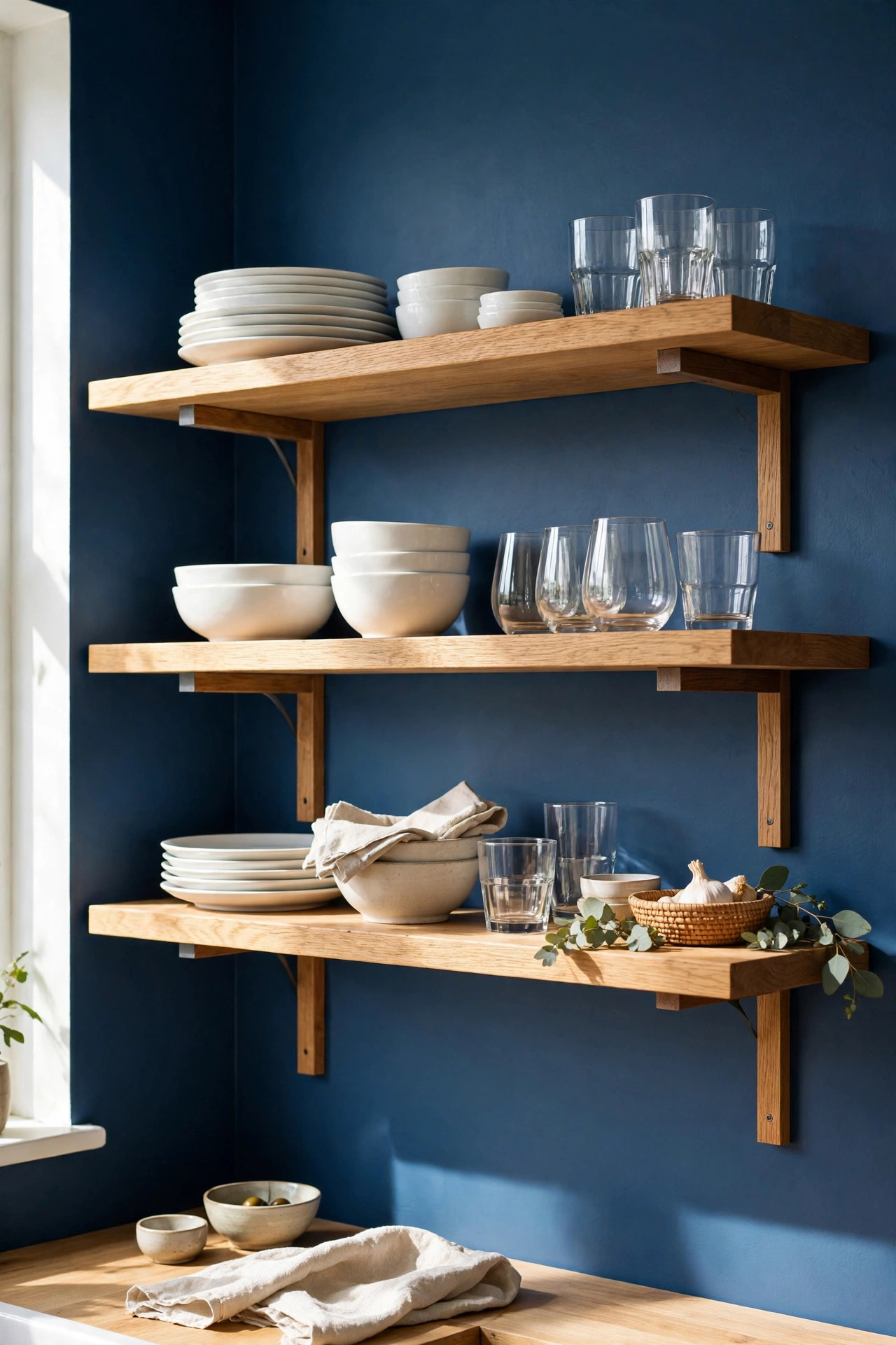 Open wood shelves on blue kitchen wall