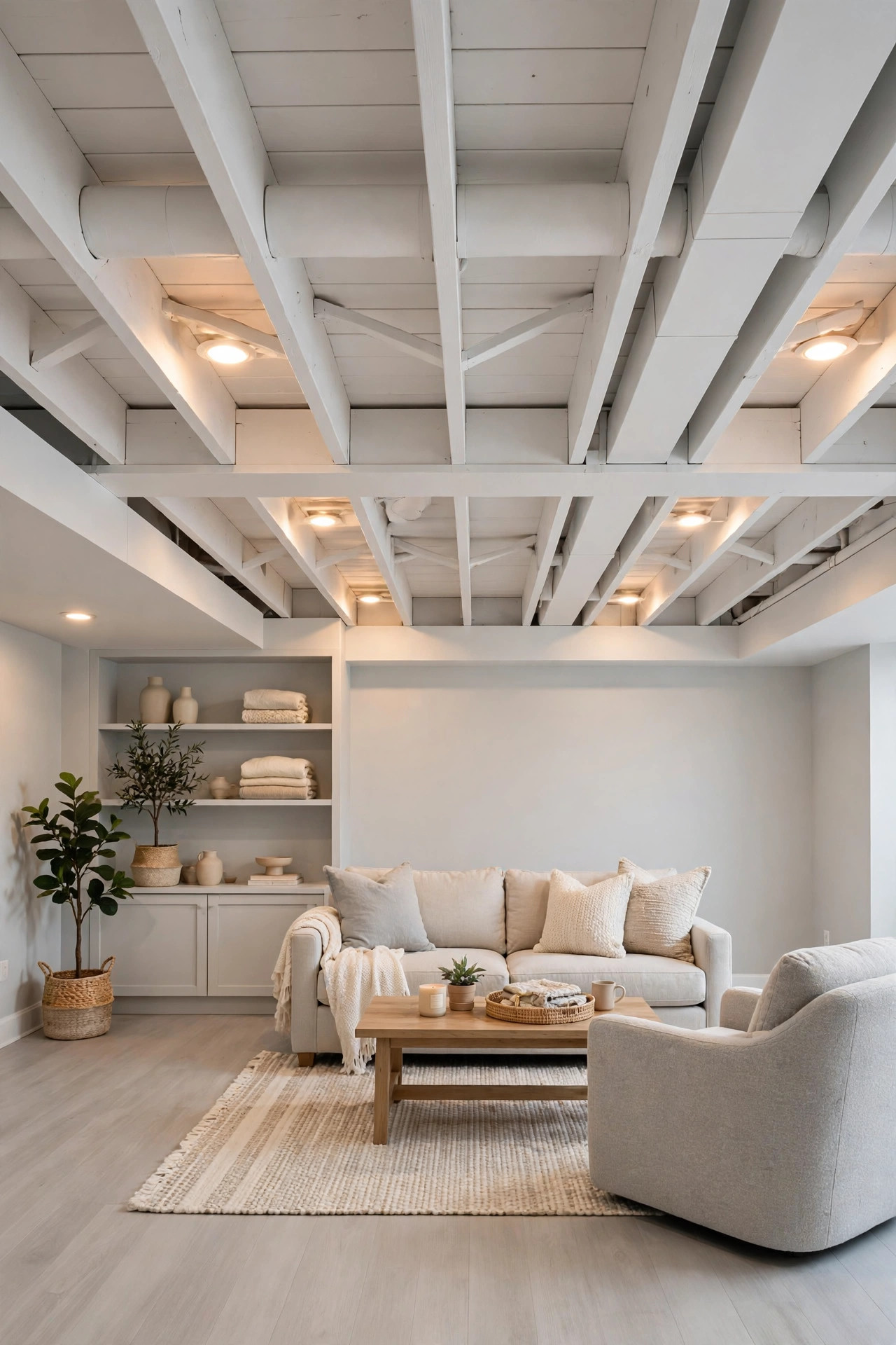 A basement family room with the ceiling joists and ducts painted white, making the low ceiling feel taller and brighter.