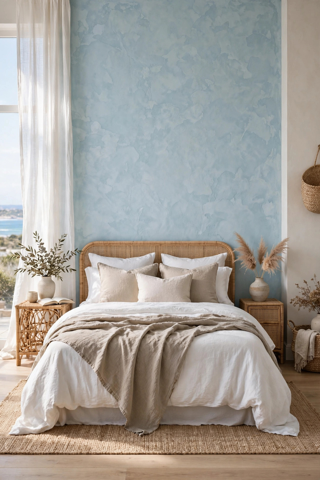 18 Coastal Bedroom Ideas Without the Cliches 5 Bedroom with a pale blue plaster textured accent wall behind the bed