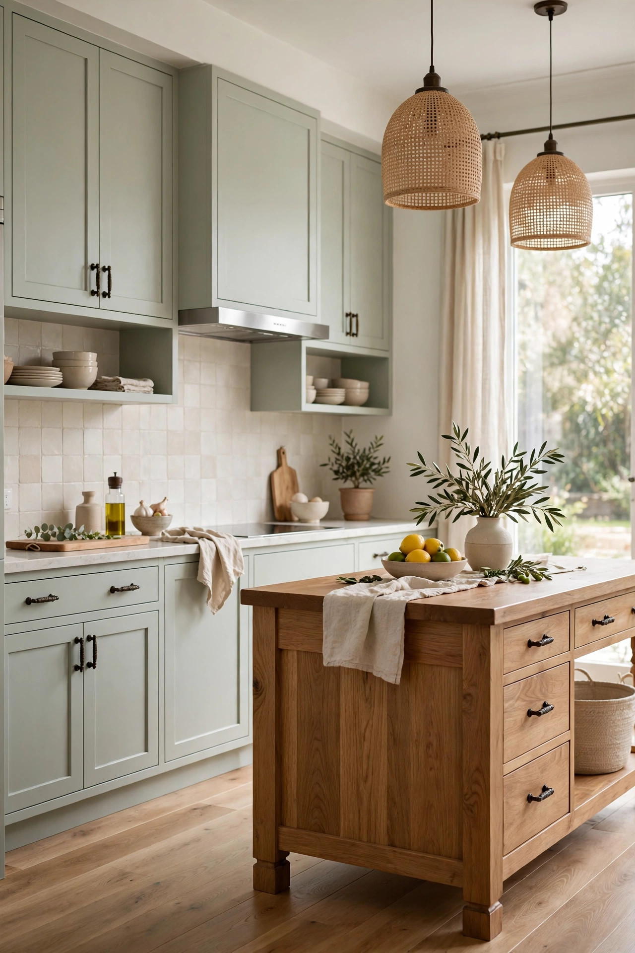 Calm kitchen with pale celadon gray green cabinets, dark bronze hardware, and wood island.