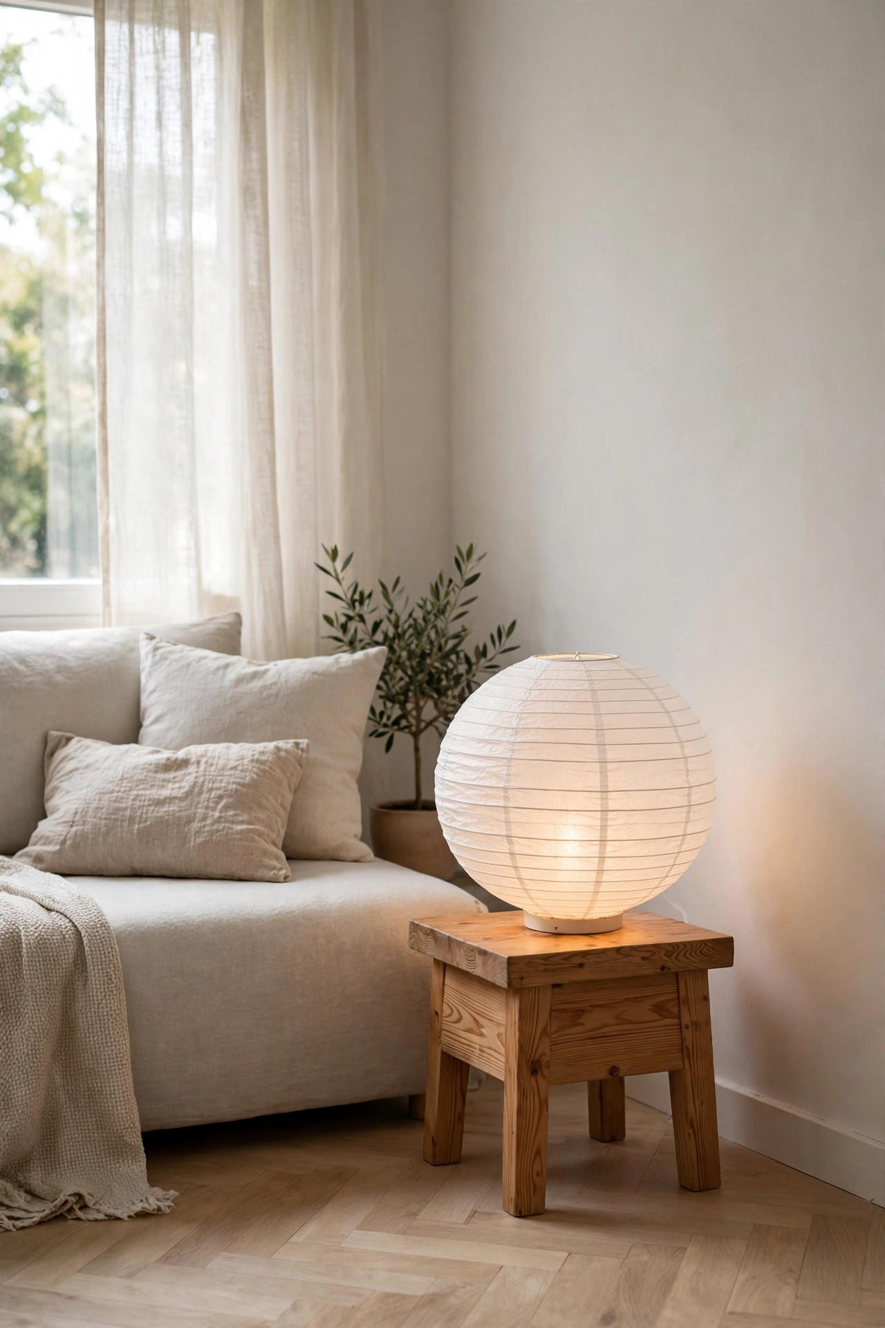 Round paper lantern table lamp glowing softly in a living room corner