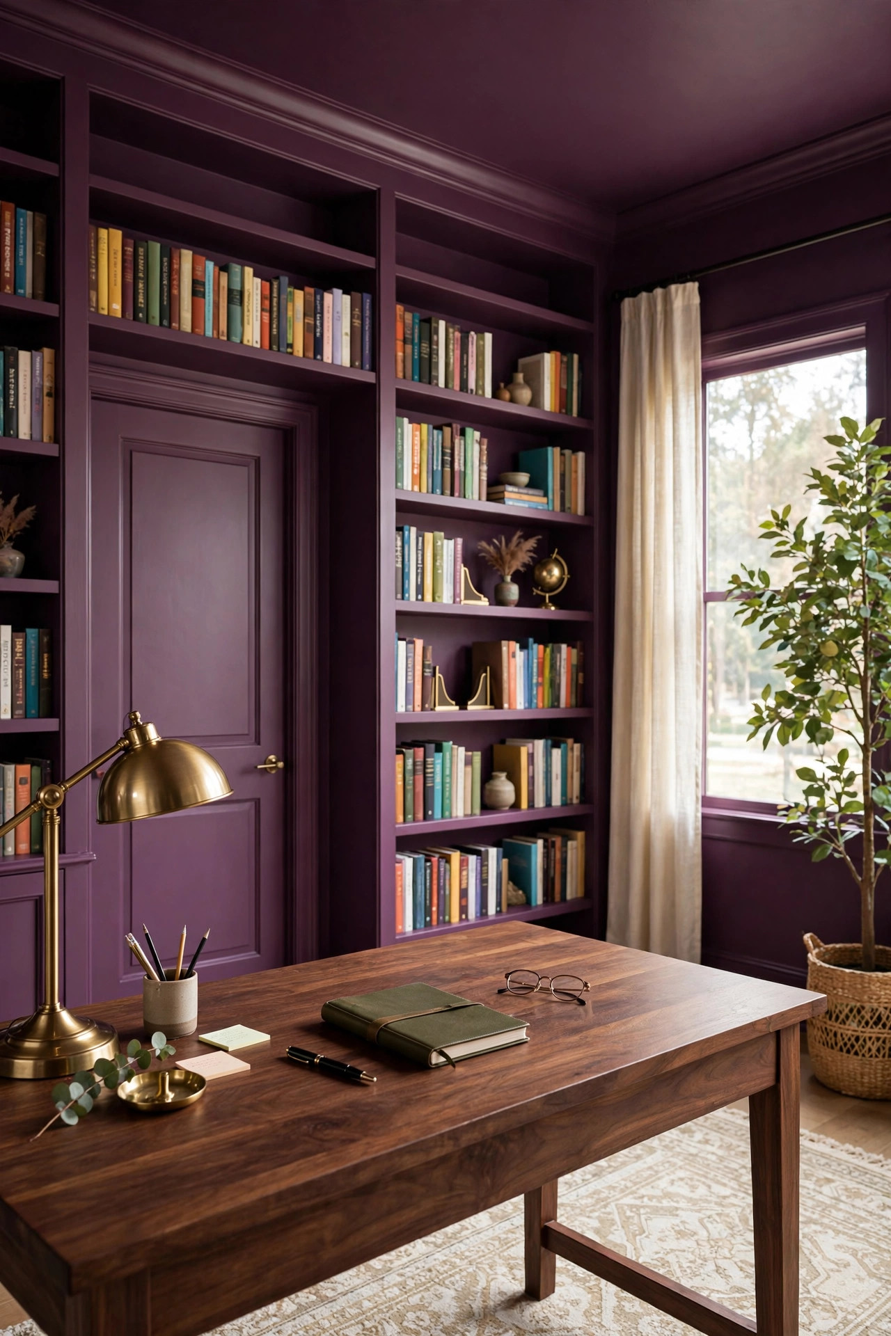 Rich plum home office with painted built-in bookshelf